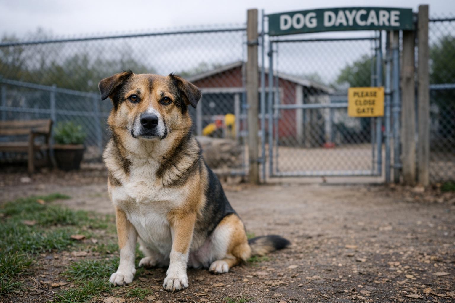A medium-sized mixed-breed dog sitting near the entrance of a dog daycare facility in a suburban backyard setting, soft overcast light.