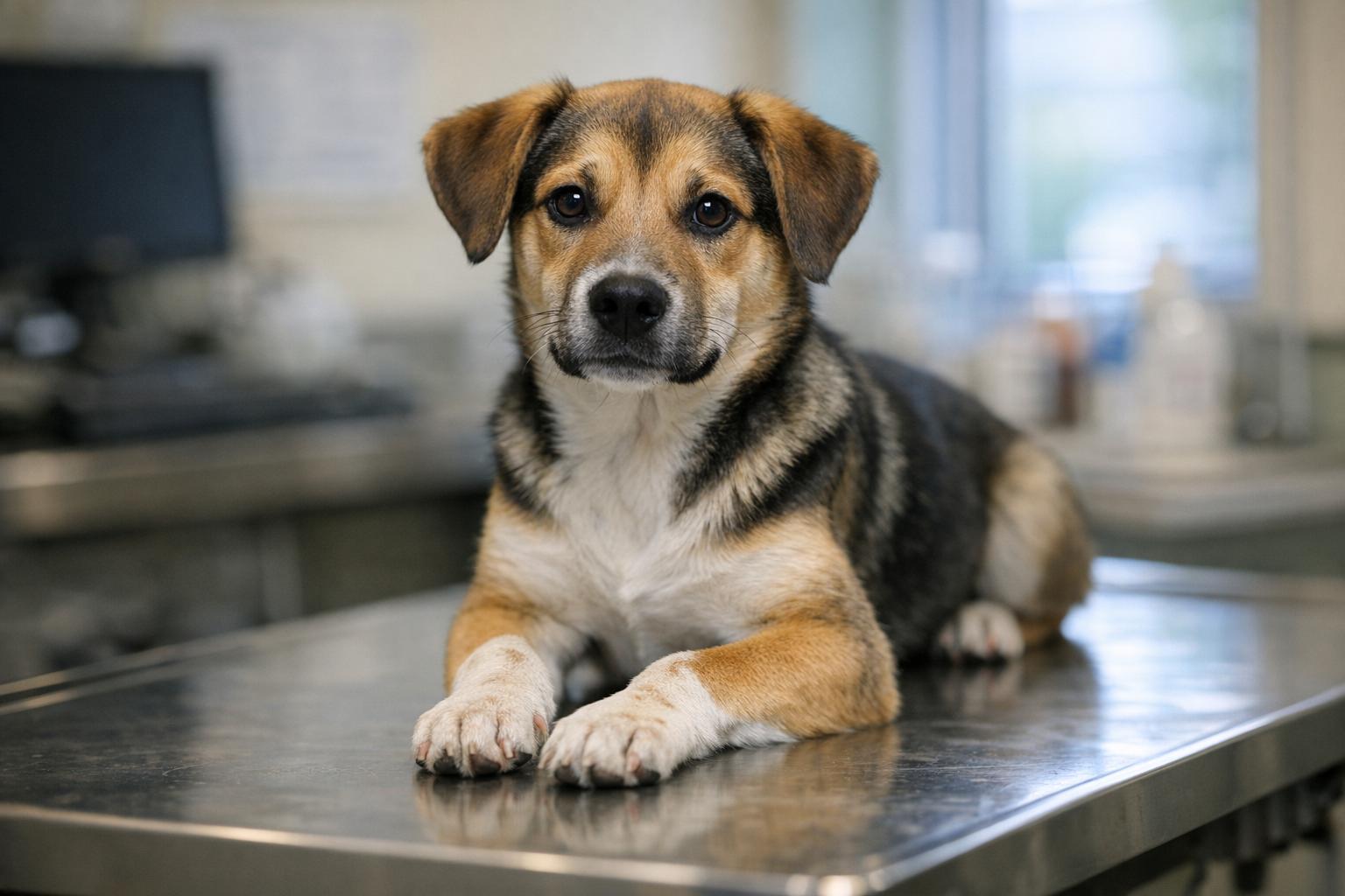 Young mixed-breed dog on an exam table in a veterinary clinic, calm and alert.