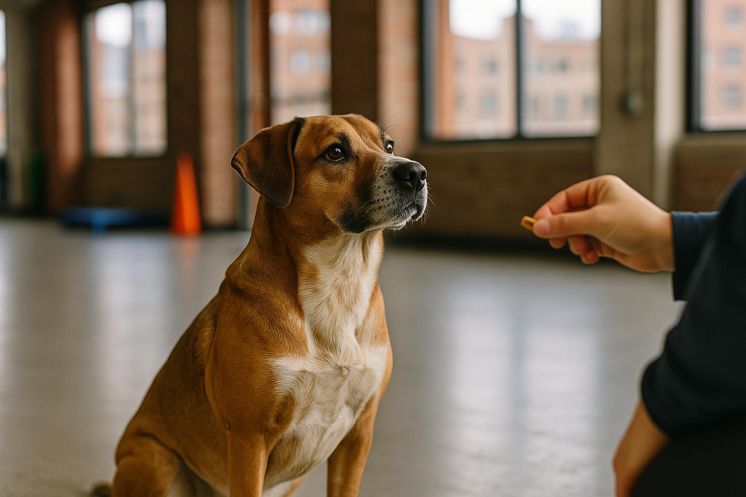 Medium-sized brown-and-white mixed-breed dog sitting calmly in a Chicago training facility as a trainer offers a treat.