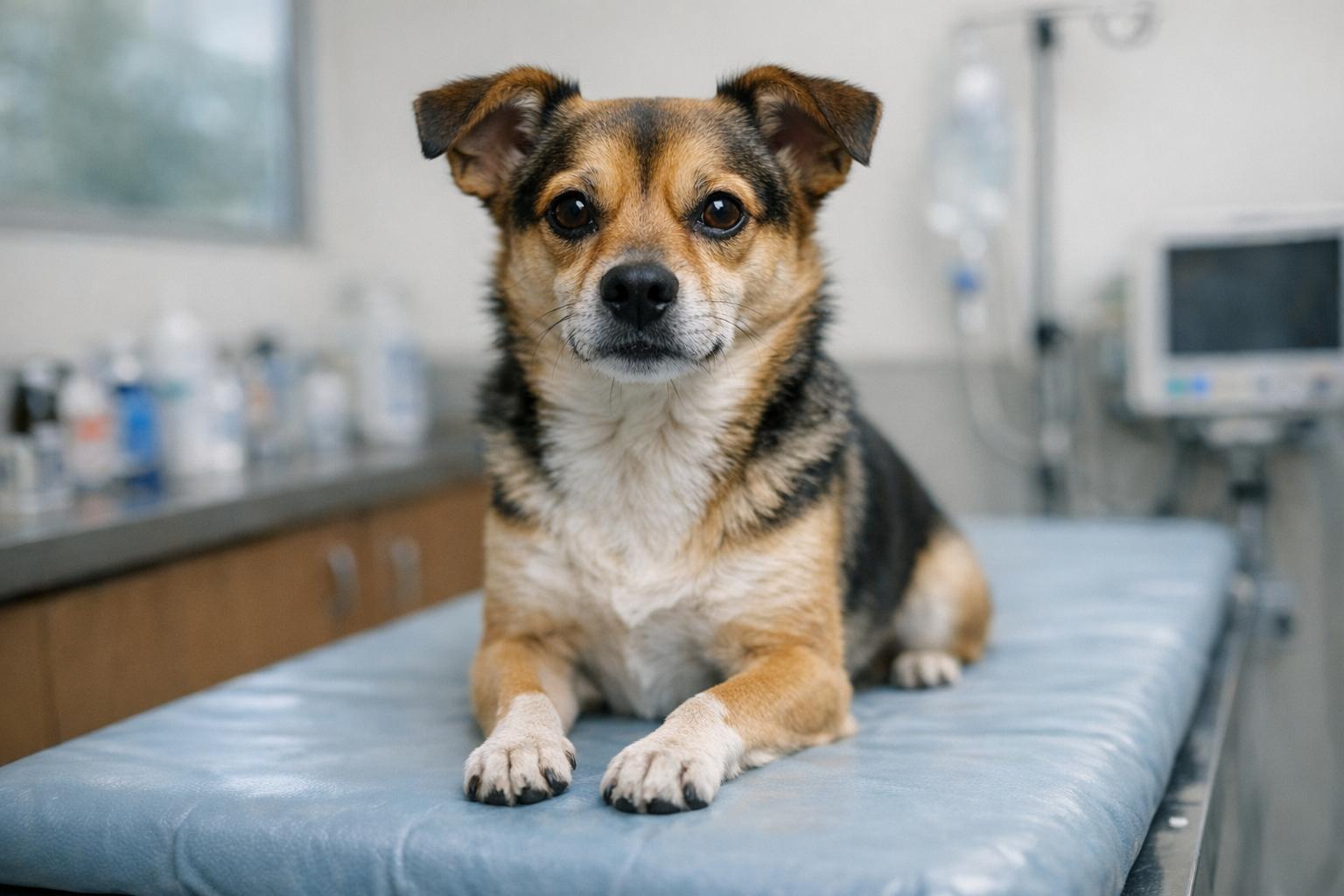 Small mixed-breed short-coated dog sitting on an exam table in a veterinary clinic, calm and alert