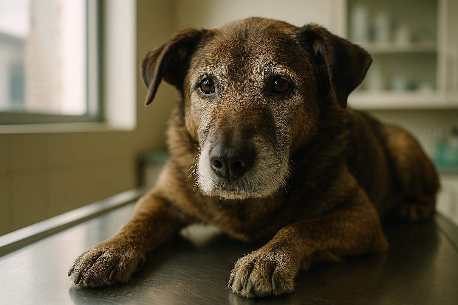 Senior mixed‑breed dog with a greying muzzle resting on a veterinary exam table, photographed in soft natural light.