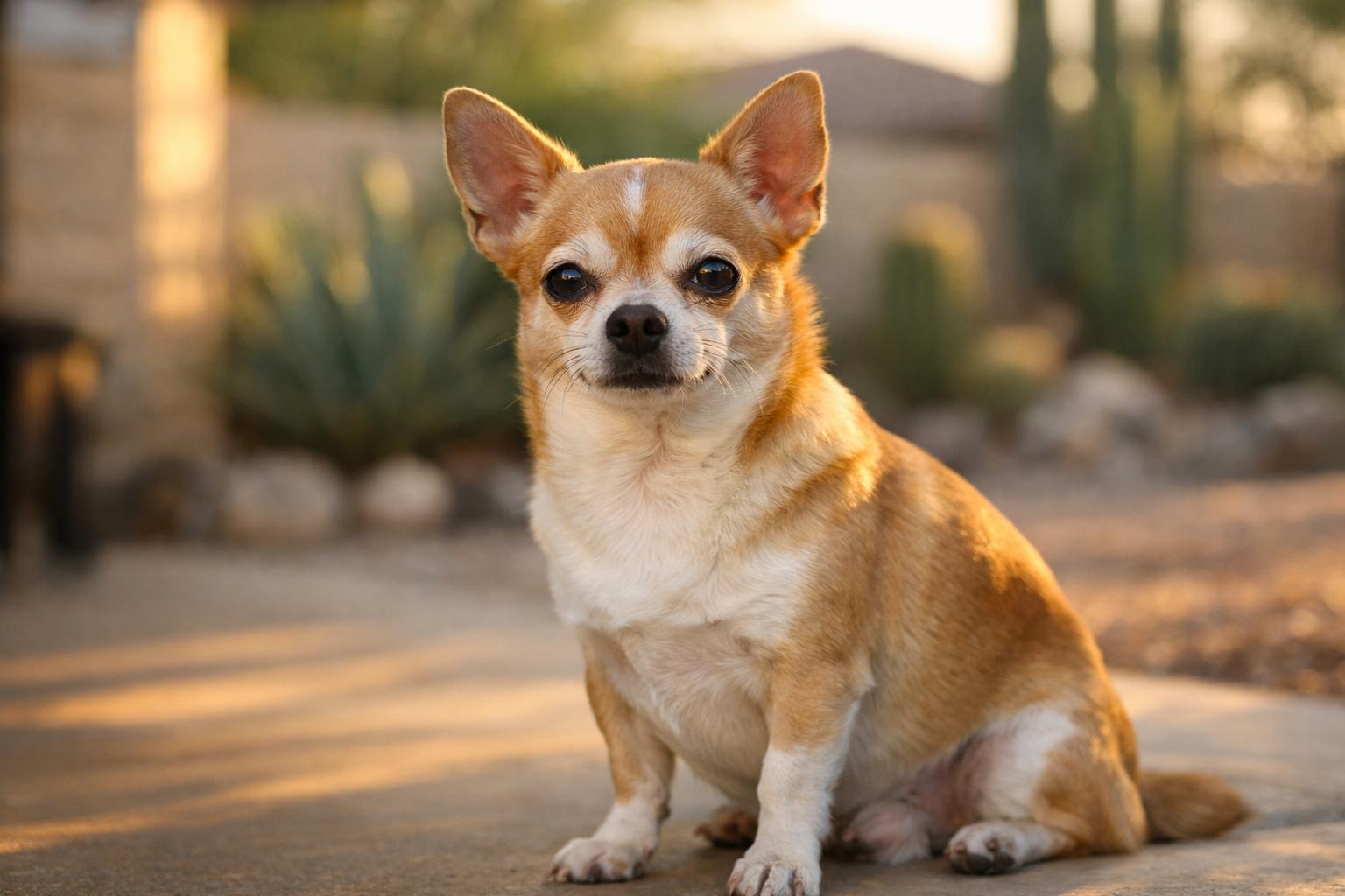 A tan-and-white Chihuahua sitting on a shaded suburban front porch in warm late-afternoon light