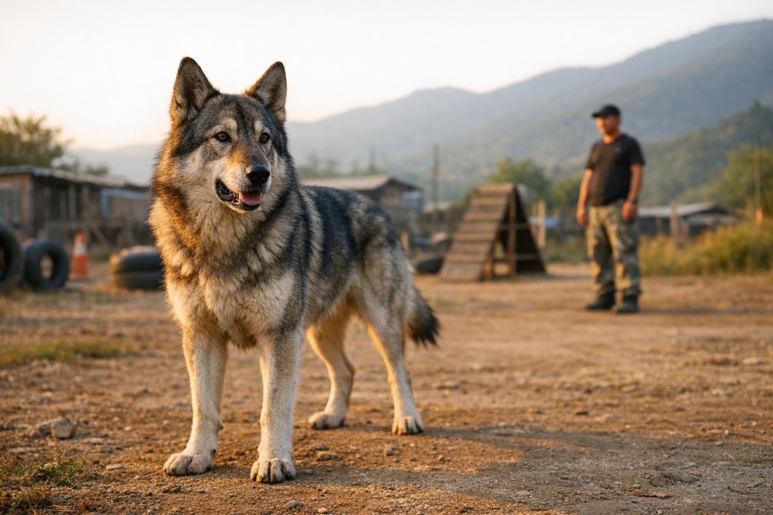 Kunming dog (wolf-dog hybrid) standing alert in a rural Yunnan training yard during golden hour