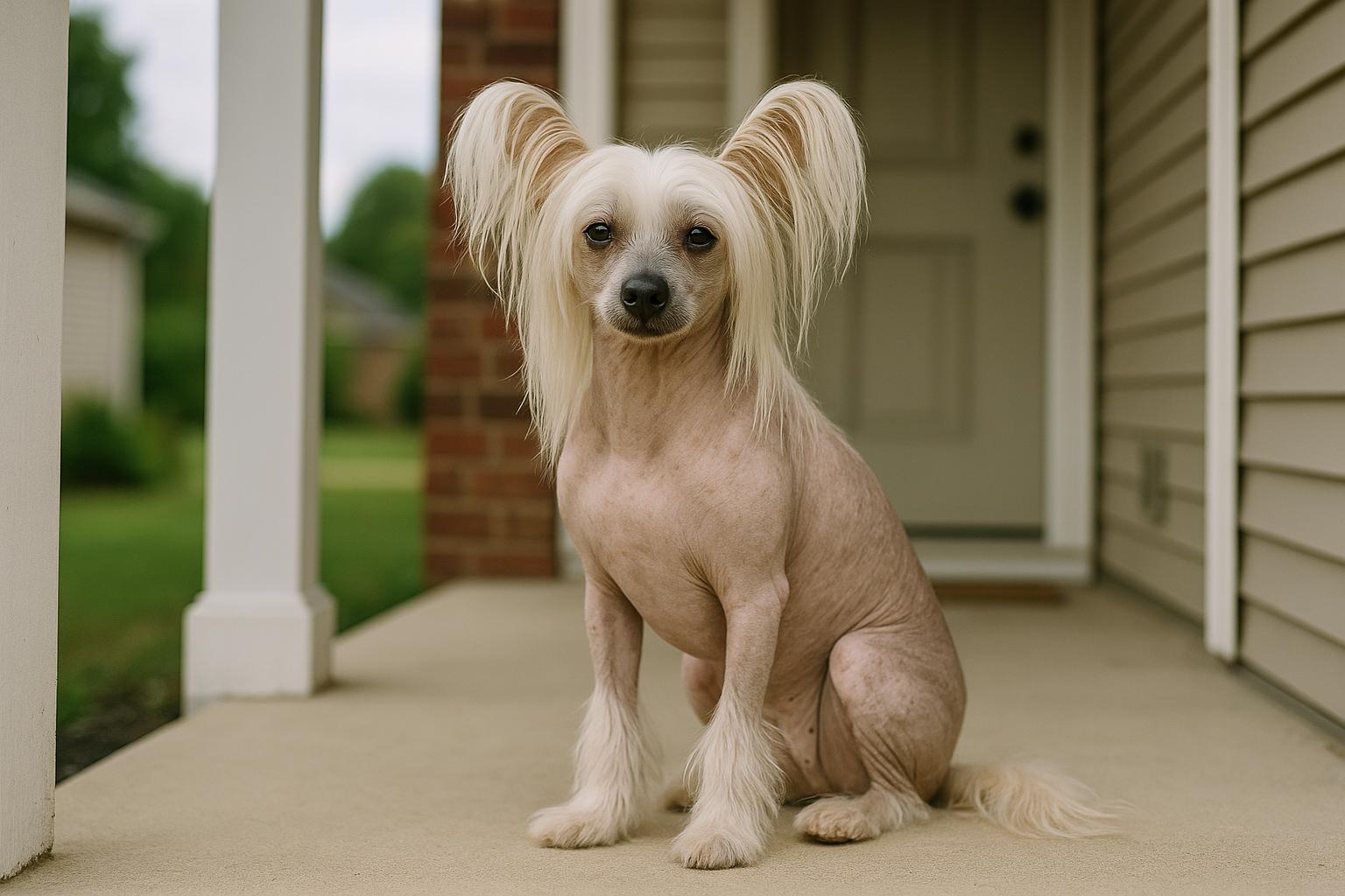 Close portrait of a hairless Chinese Crested Dog showing soft skin, crest of hair on the head, and tufts on paws and tail, seated on a porch in soft overcast light.