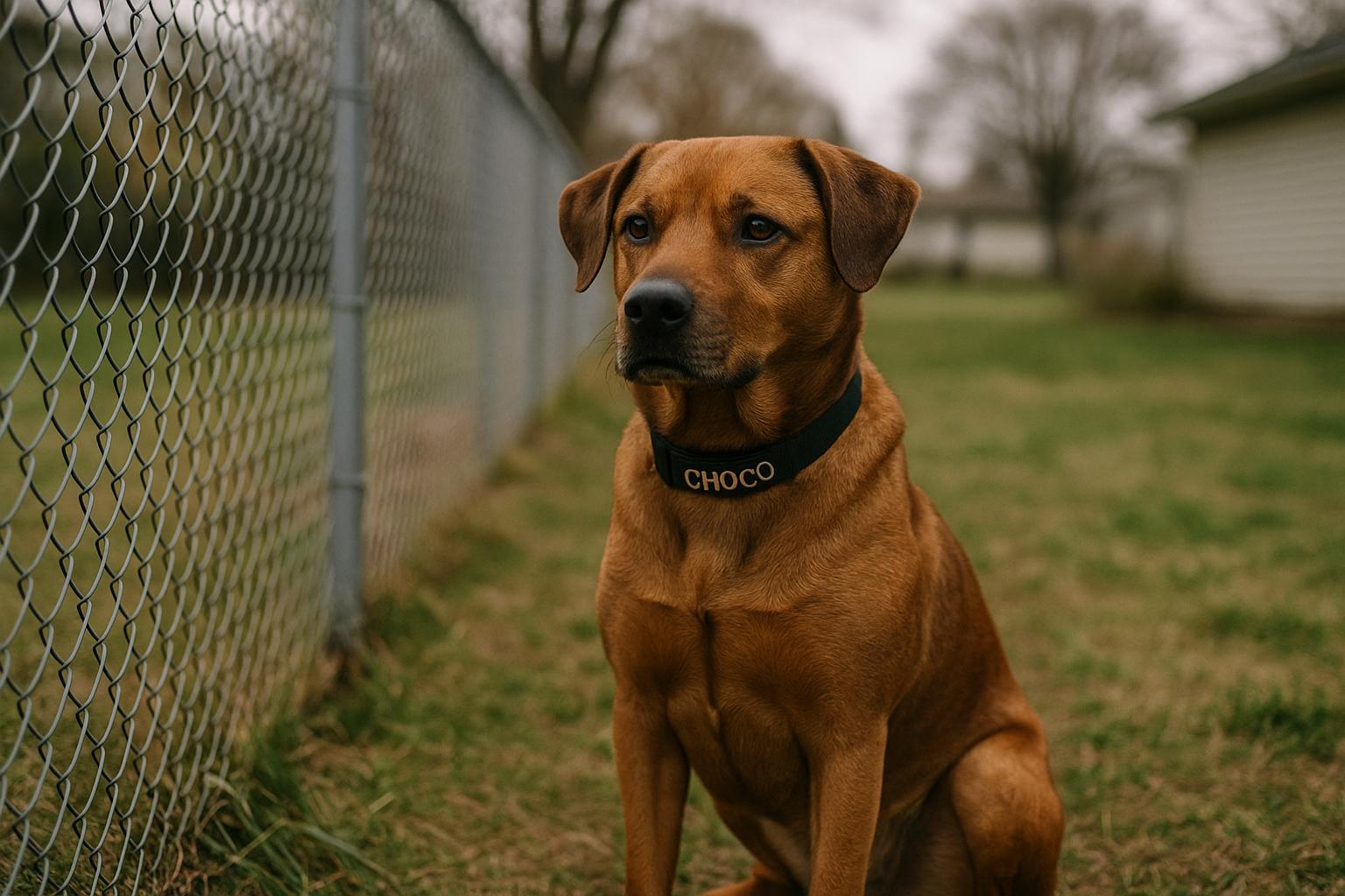 Choco, a medium-sized brown dog, sitting calmly next to a chain-link fence in a suburban backyard.