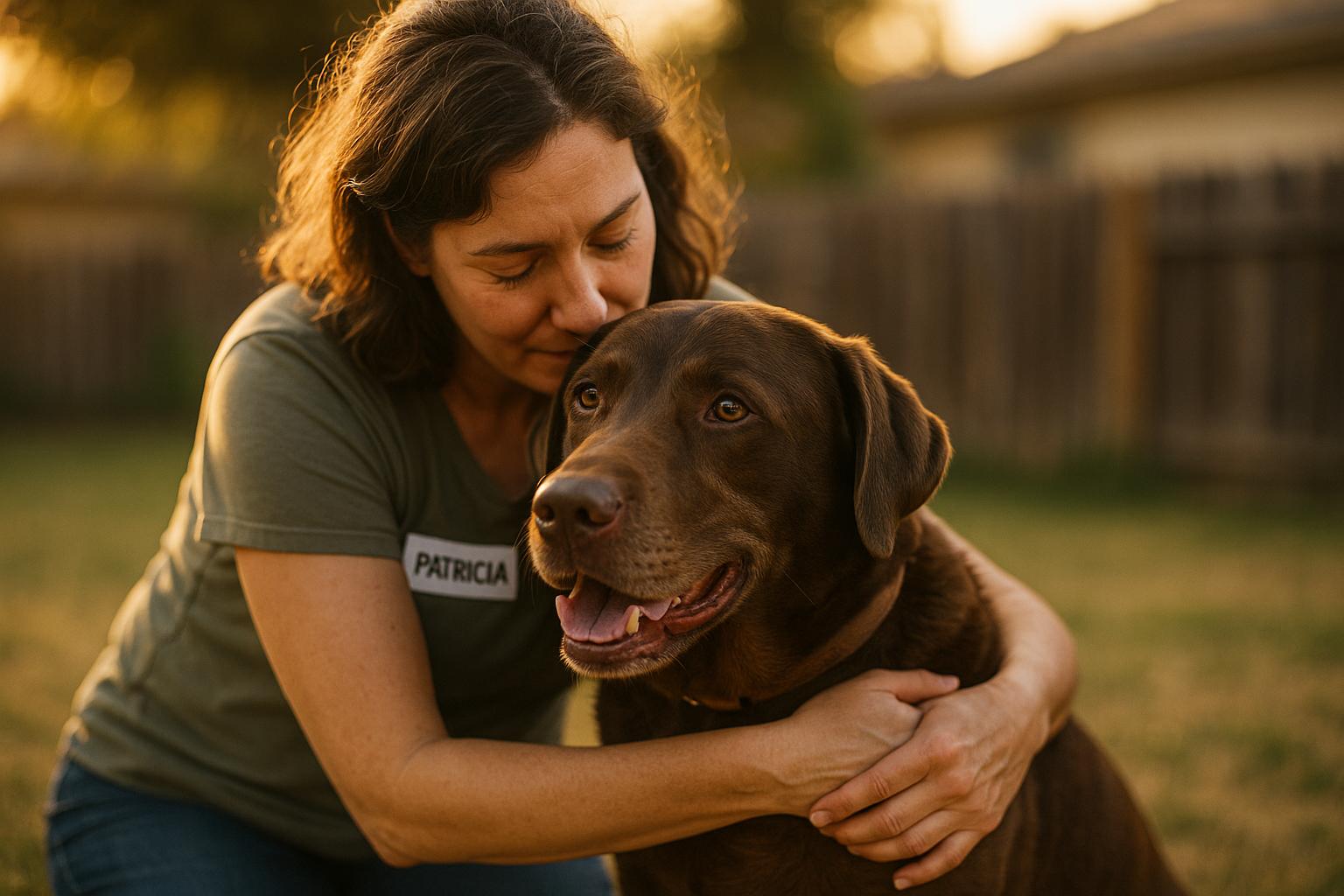 Choco, an adult dog, reunited with owner Patricia in a Sacramento backyard