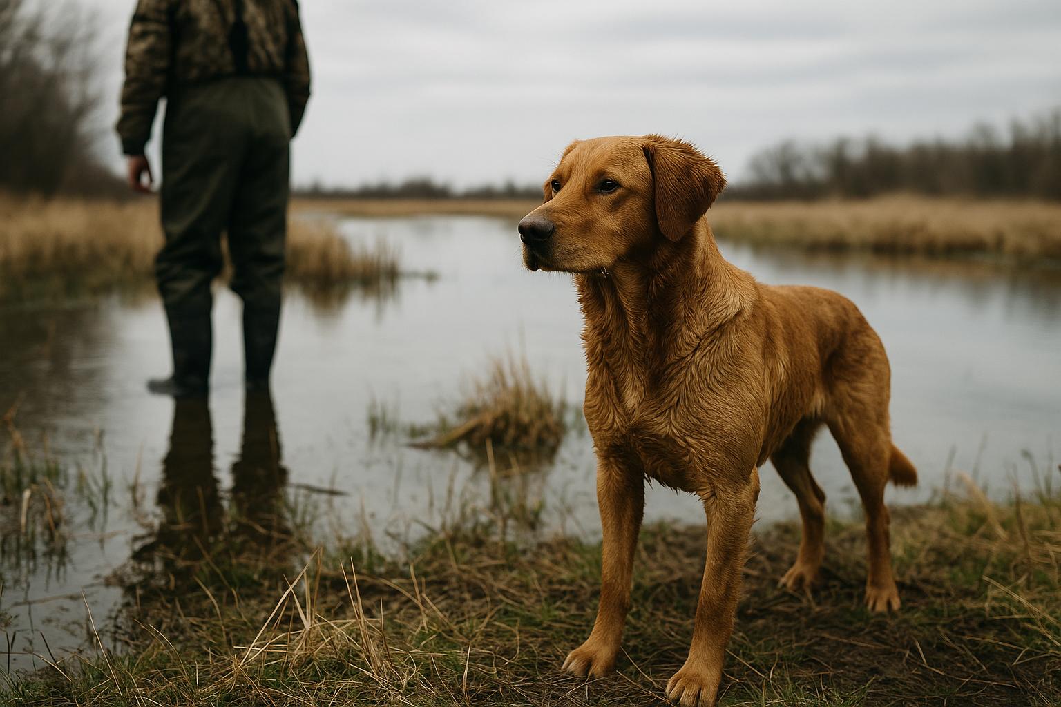 Working duck dog retriever standing at the edge of a marsh during training with a trainer in waders in the background