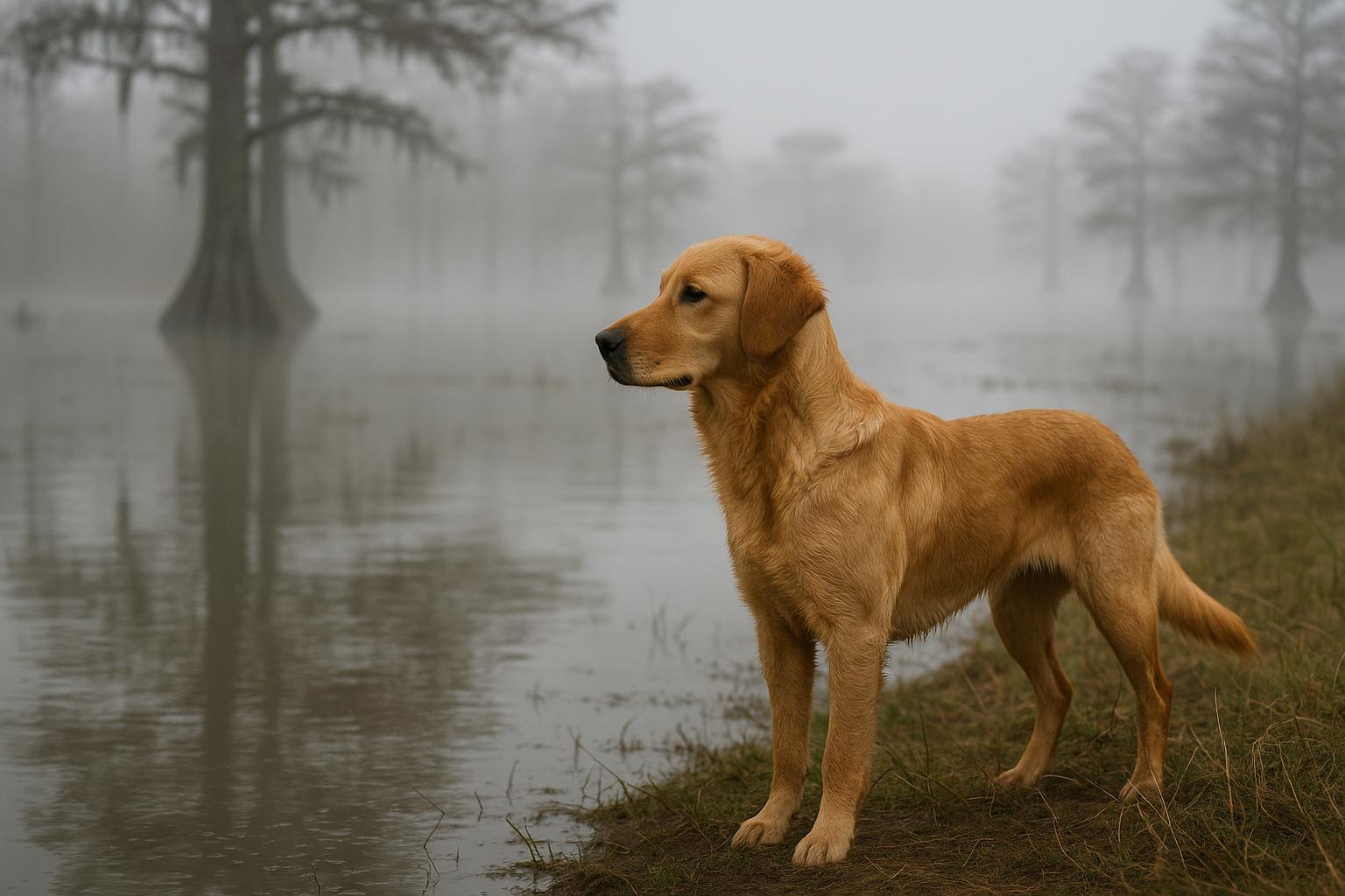 Young field-bred golden retriever standing at the edge of a foggy Arkansas marsh near a duck lodge