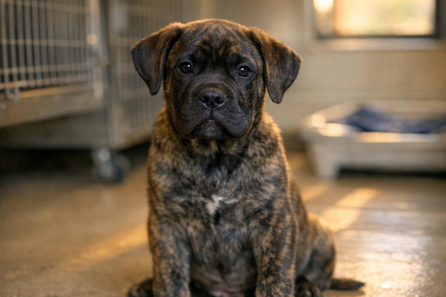 A young Cane Corso puppy sits in a shelter intake room, calm and alert, looking at the camera.
