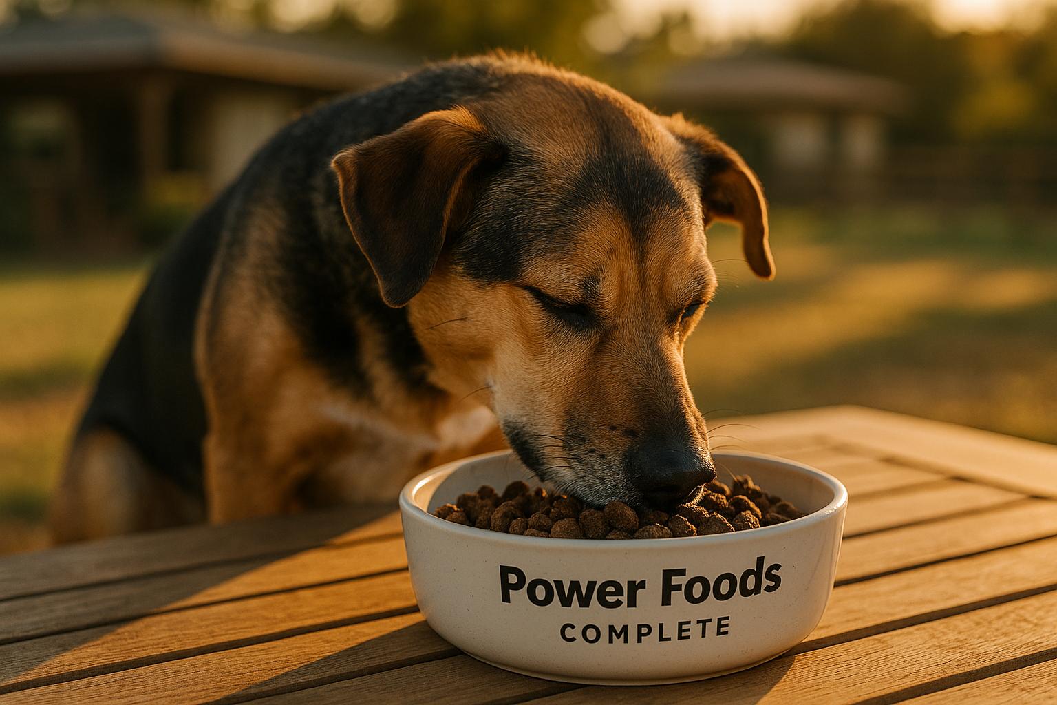 Healthy adult mixed-breed dog eating air-dried dog food from a bowl on a ranch-style backyard table