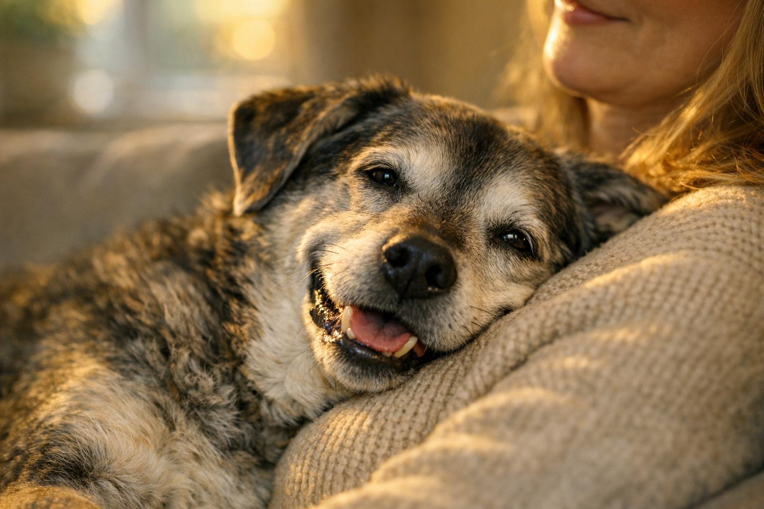 Senior rescue dog Chucky resting with his new mom during a 'contact nap', eyes soft and mouth in a grateful expression.