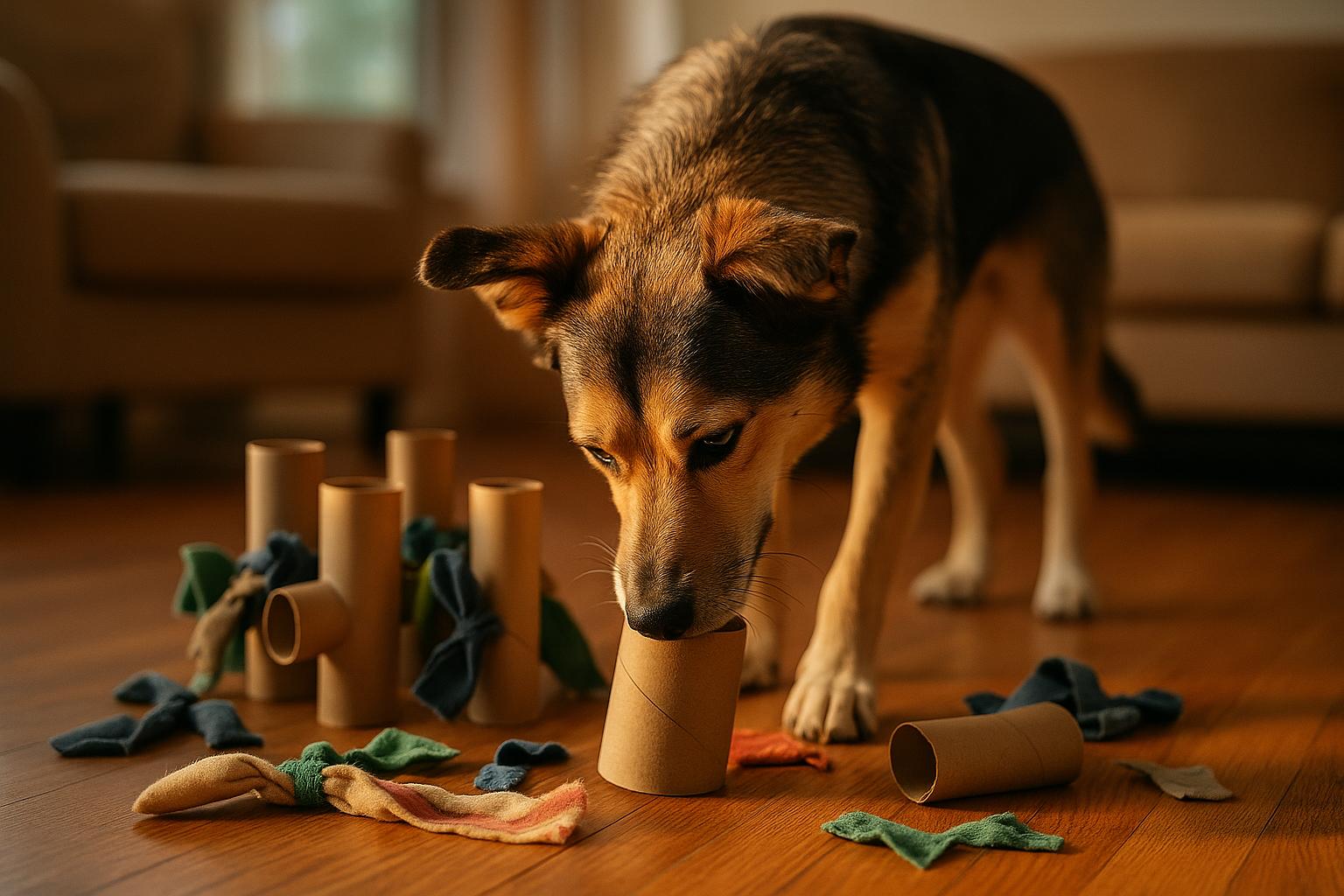 A dog sniffing toys made from cardboard tubes and fabric on a living room floor