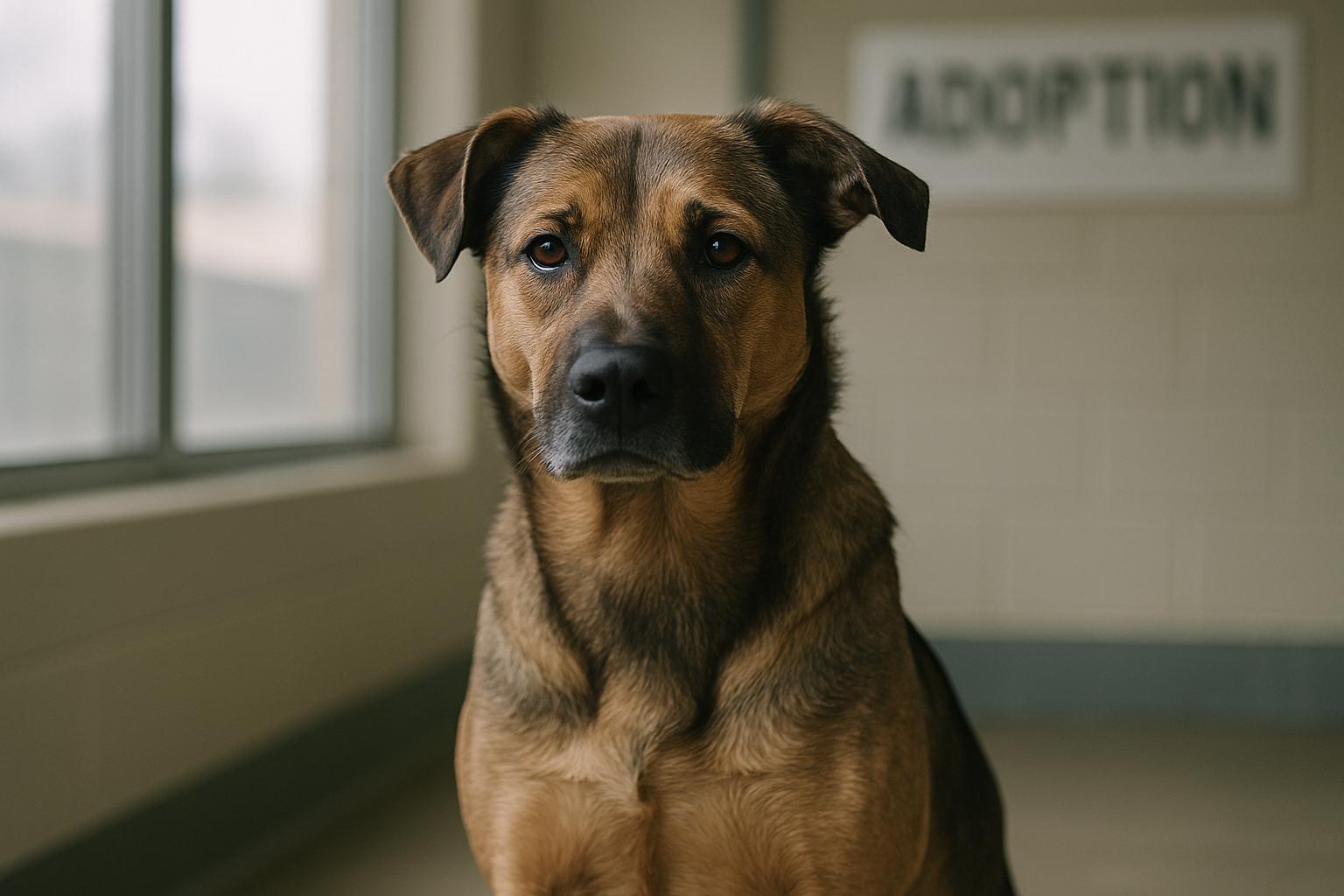 Adult mixed-breed shelter dog in an adoption room, soft window light