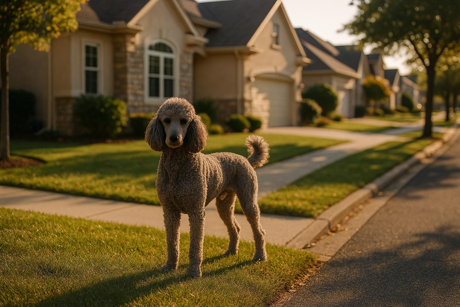 Standard Poodle standing on a suburban lawn in front of an upscale house, sunlight casting long shadows