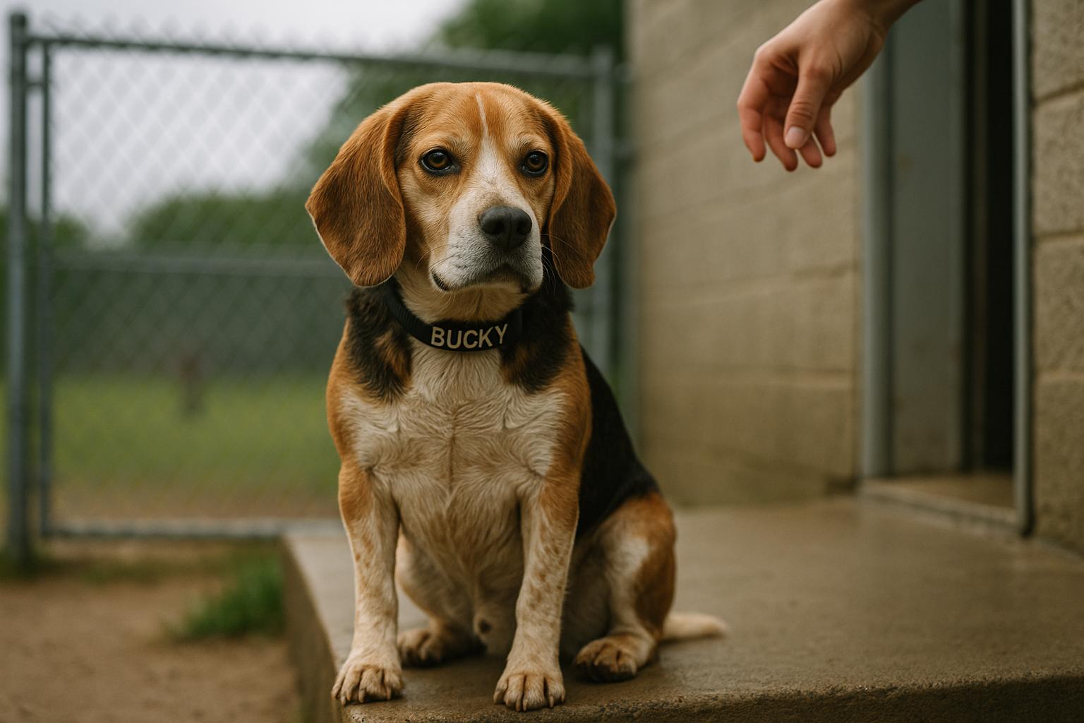 Bucky the Beagle sitting at a shelter kennel doorway, looking alert and wagging his tail