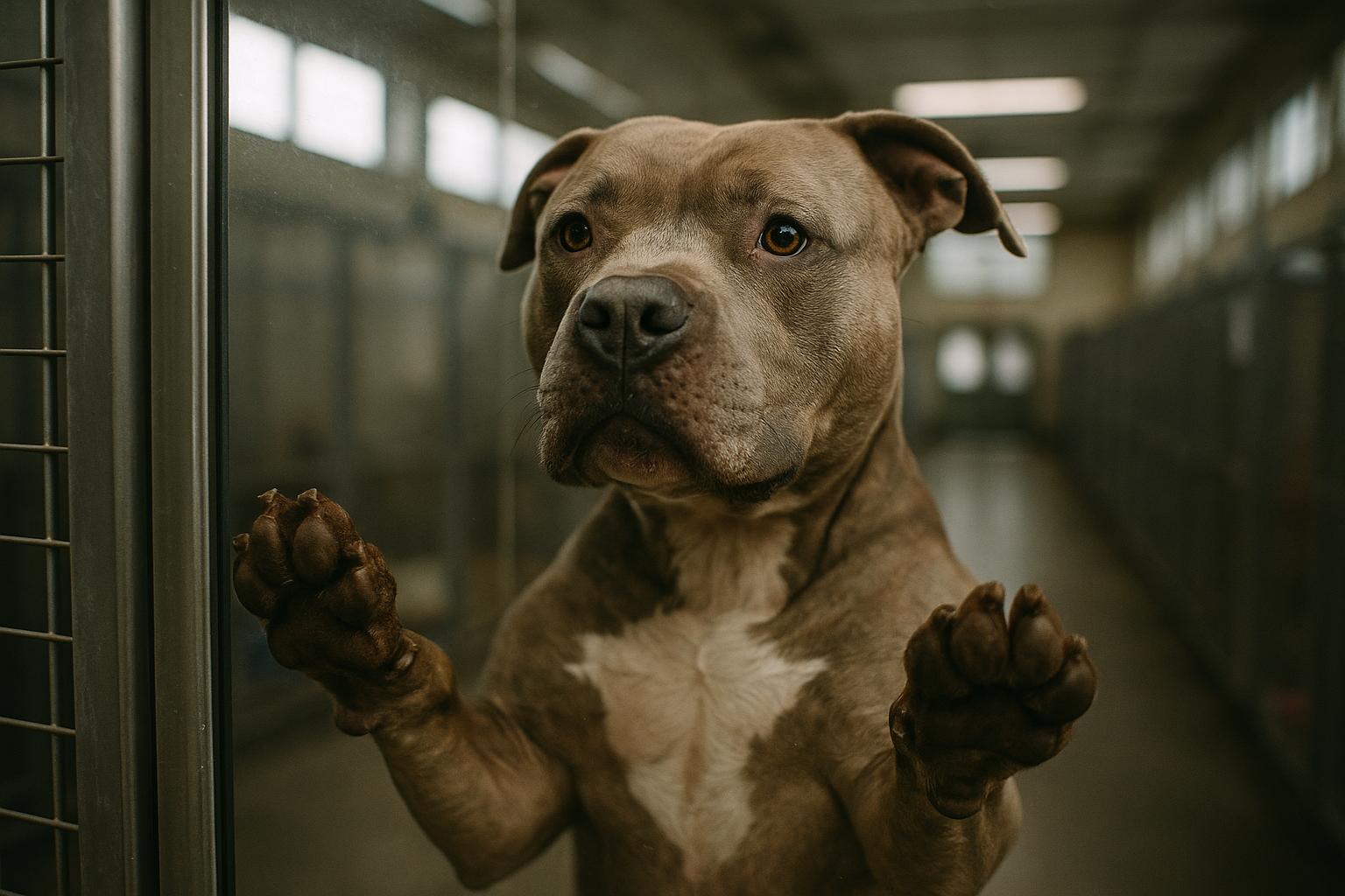 Clifton, a large pit bull terrier, stands at a shelter kennel window looking outside