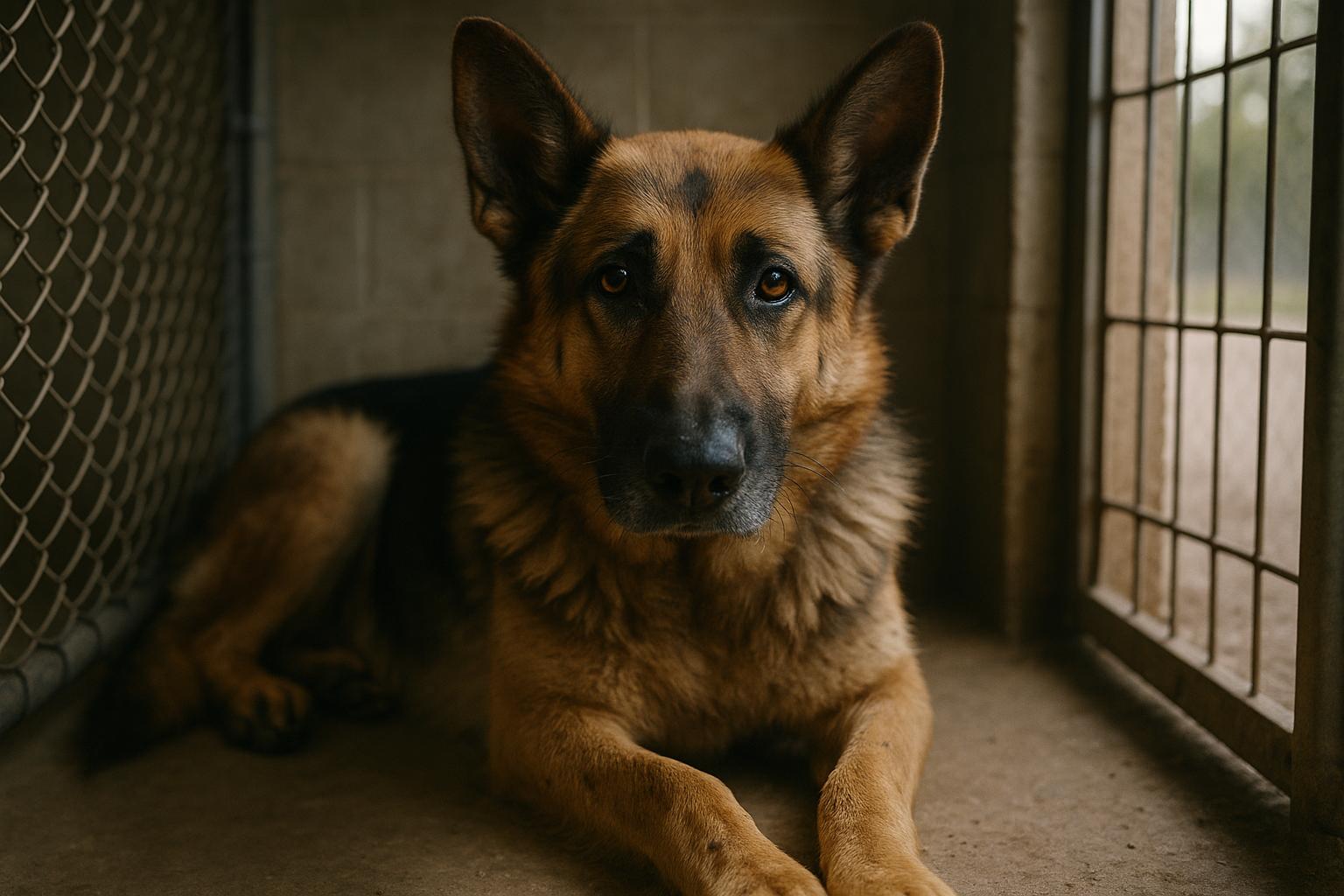 Adult German Shepherd in a shelter kennel, calm and attentive, photographed in soft natural light