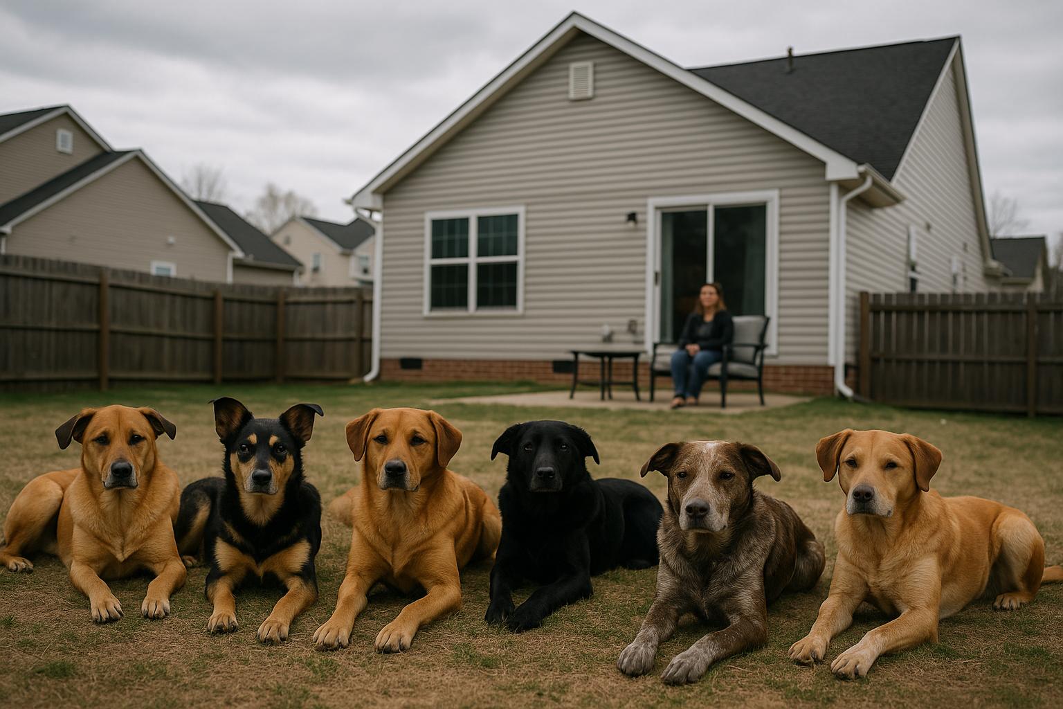 Six medium-sized dogs resting in a fenced backyard of a suburban home on Leafwood Drive, East Cobb