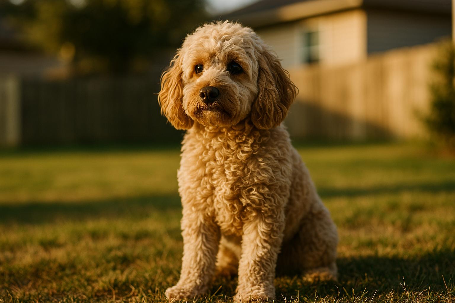 Cockapoo sitting attentively in a sunlit suburban backyard, showing curly mixed Cocker Spaniel–Poodle coat texture