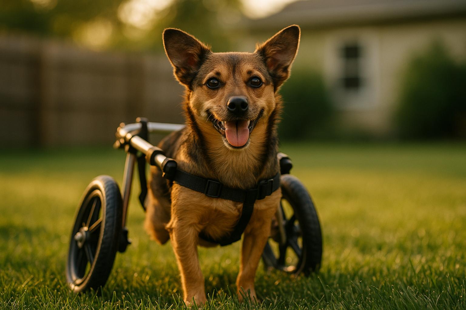 Cola, a two‑legged dog in a wheelchair, sitting in a suburban backyard with a lively, alert expression