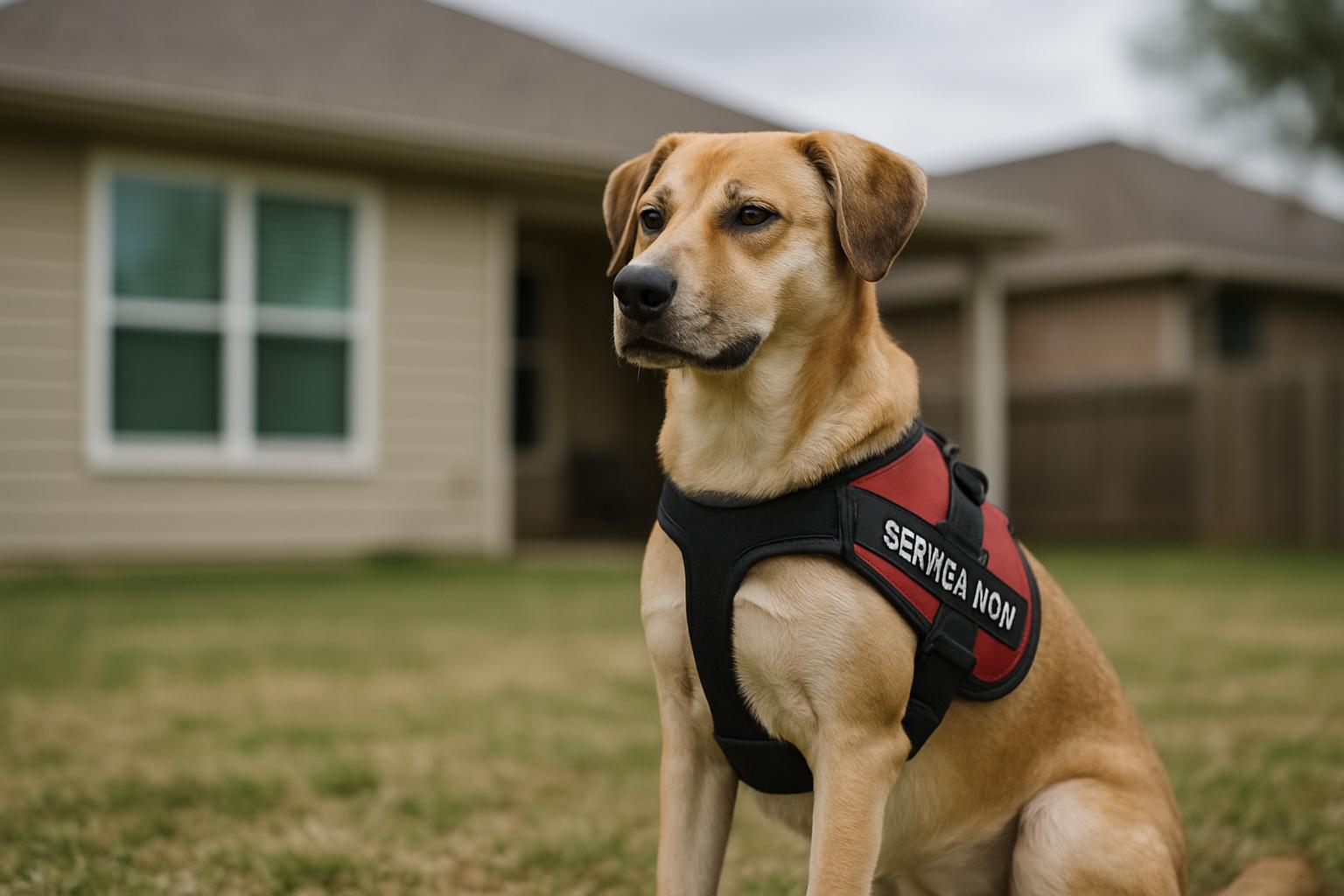 A medium-sized service dog in a working vest sits alert in a suburban backyard, soft diffused light.