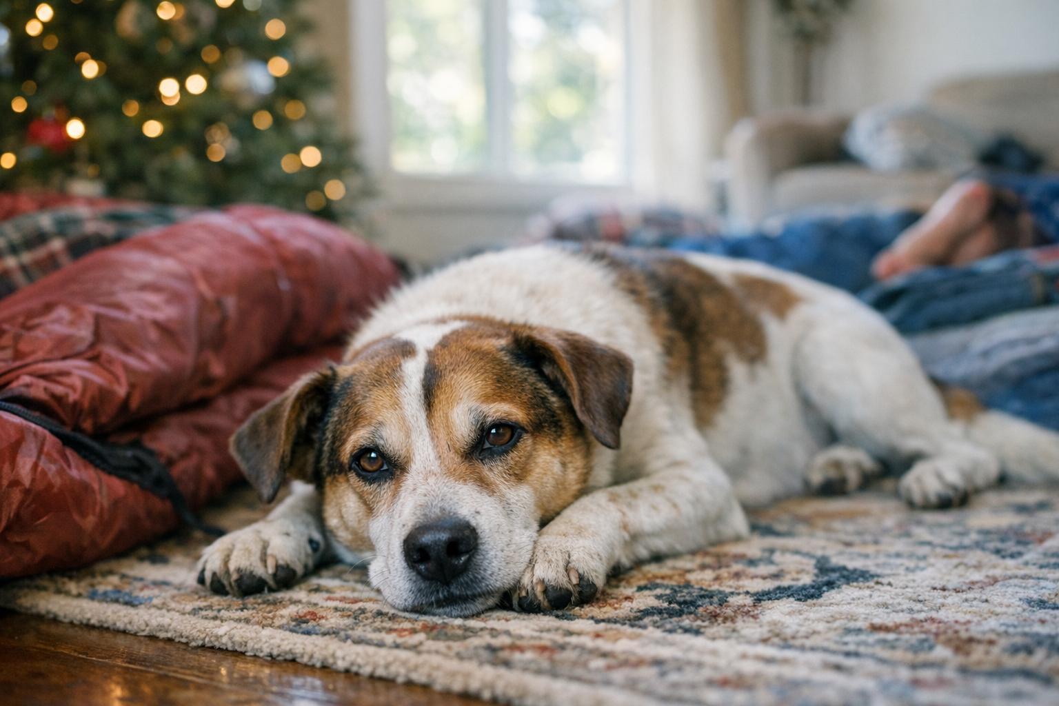 A medium-sized mixed-breed dog resting on a living room rug during a holiday foster sleepover