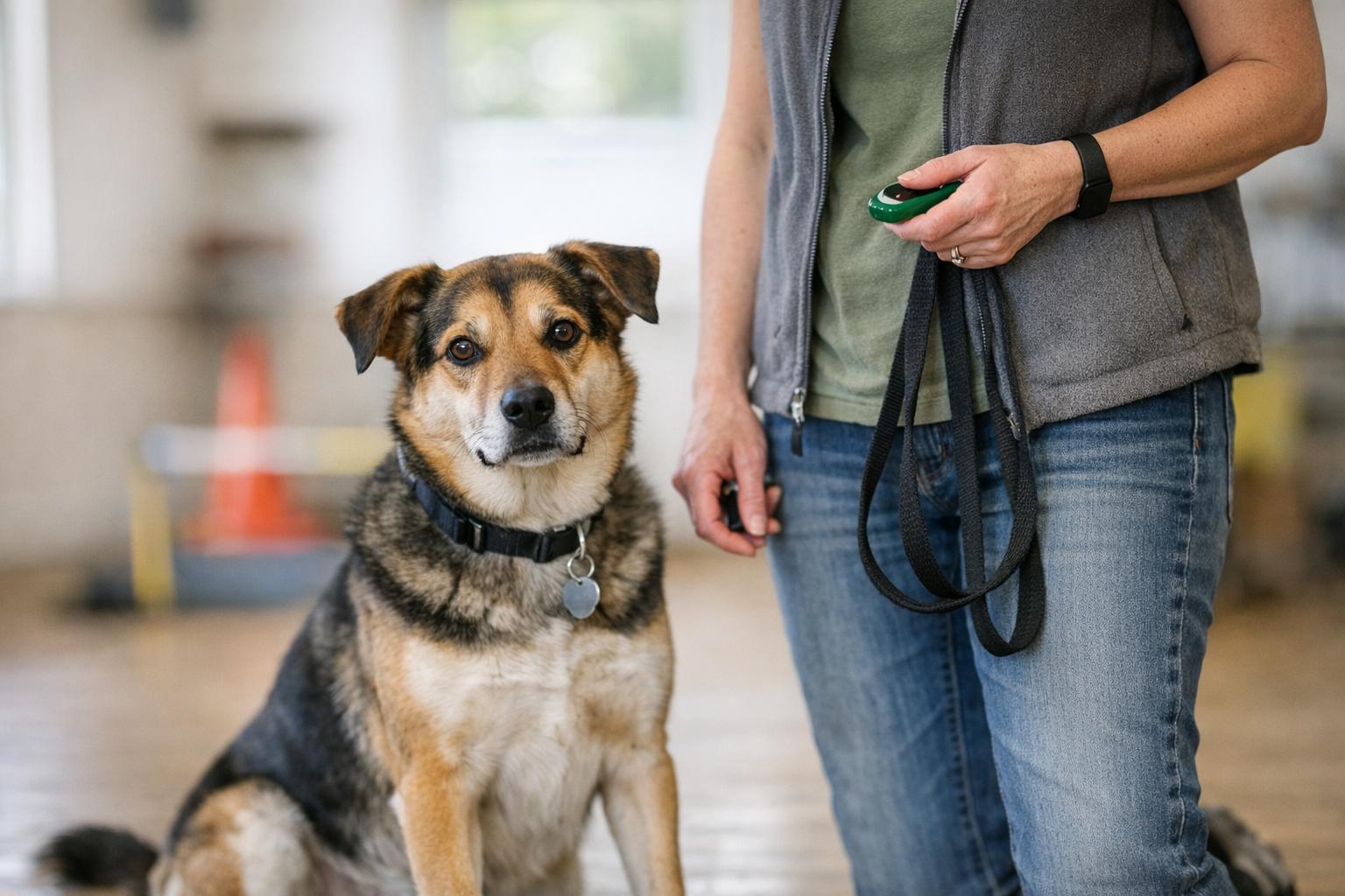 Trainer with a medium-sized mixed-breed dog in a bright training studio at Common Scents Dog Training in Junction City
