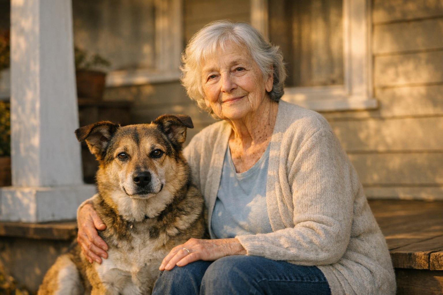 Constance 'Connie' Lee Ayers seated on a porch with a mixed-breed dog, late afternoon light