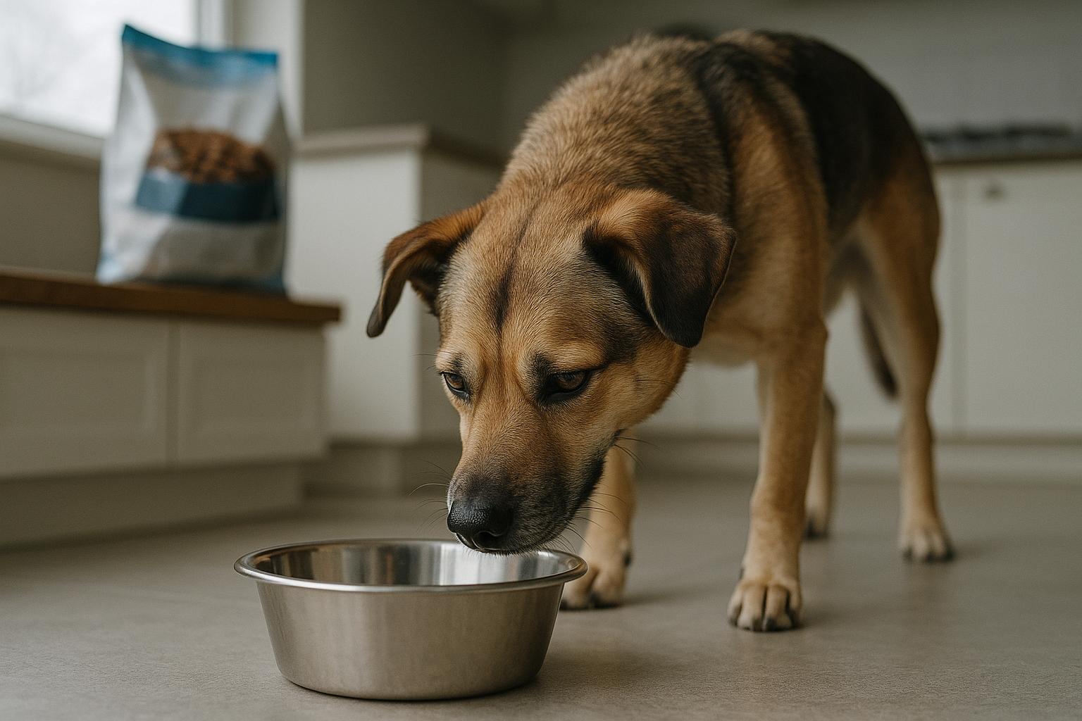 Mixed-breed dog sniffing a stainless-steel bowl in a kitchen with a bag of dog food on the counter