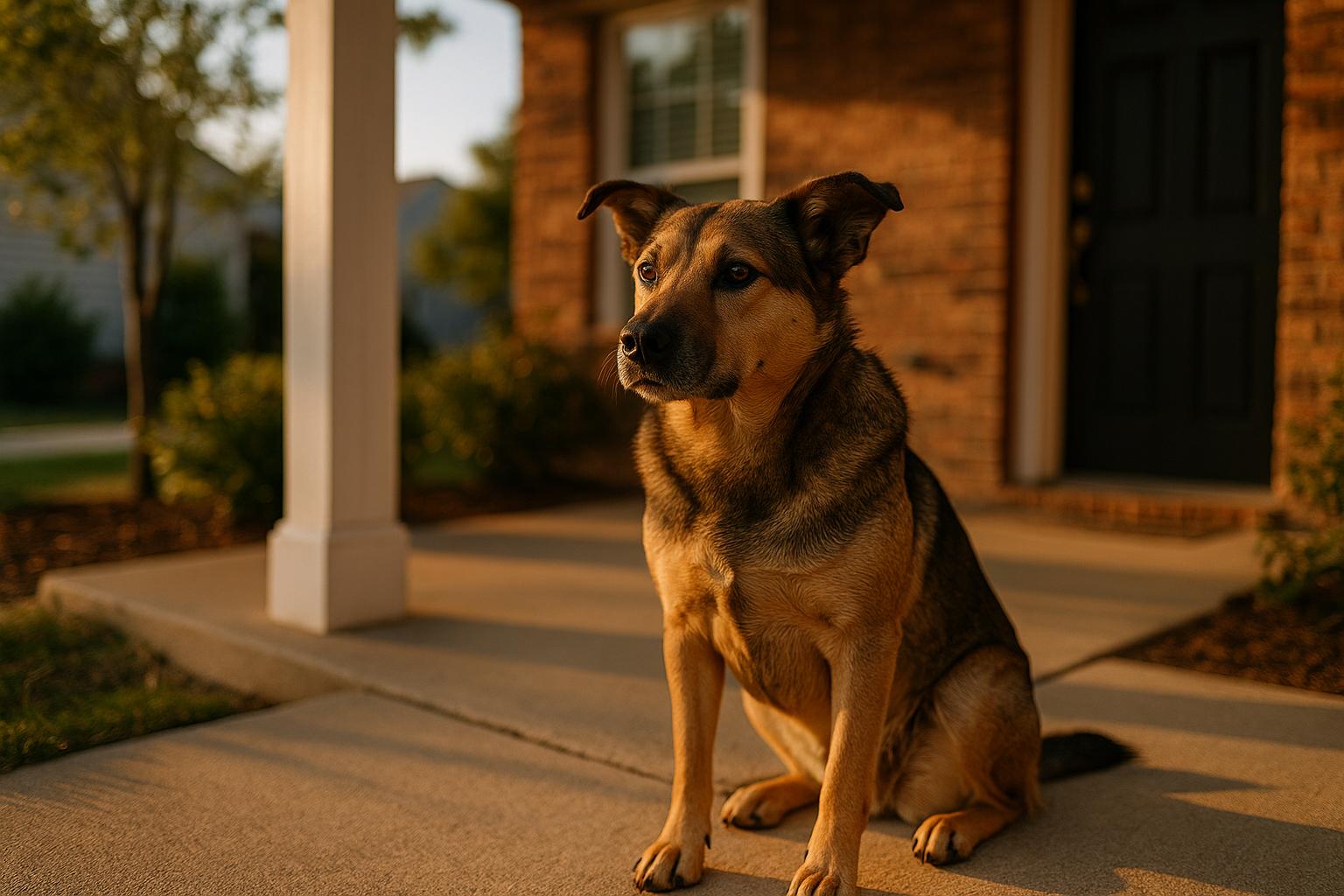 Mixed-breed dog sitting alert on a suburban front porch at golden hour