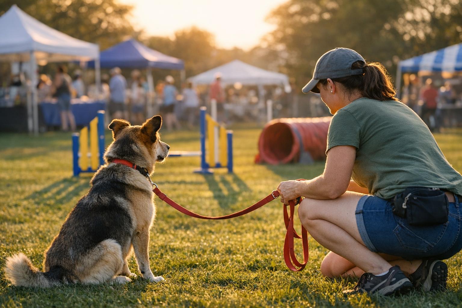 A mixed-breed dog and its owner at a community dog event in Robbins Park with agility equipment and vendor tents in the background during golden hour.