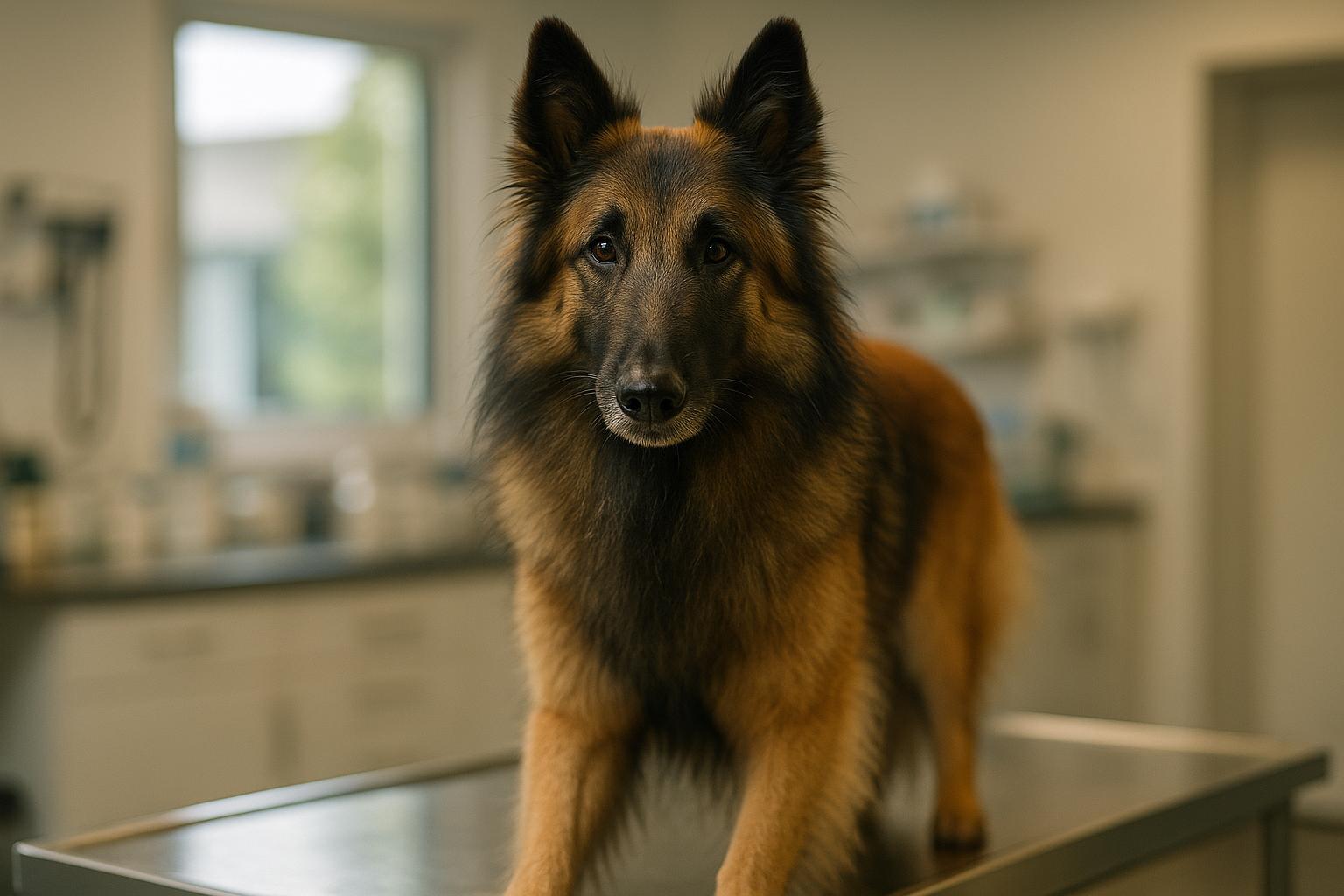 Belgian Tervuren on an exam table at a veterinary clinic, calm and alert, close-up portrait