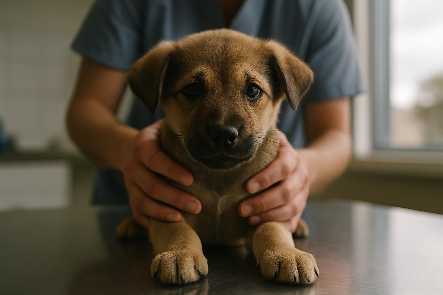 Close-up portrait of a healthy young puppy on a veterinary examination table in soft natural light