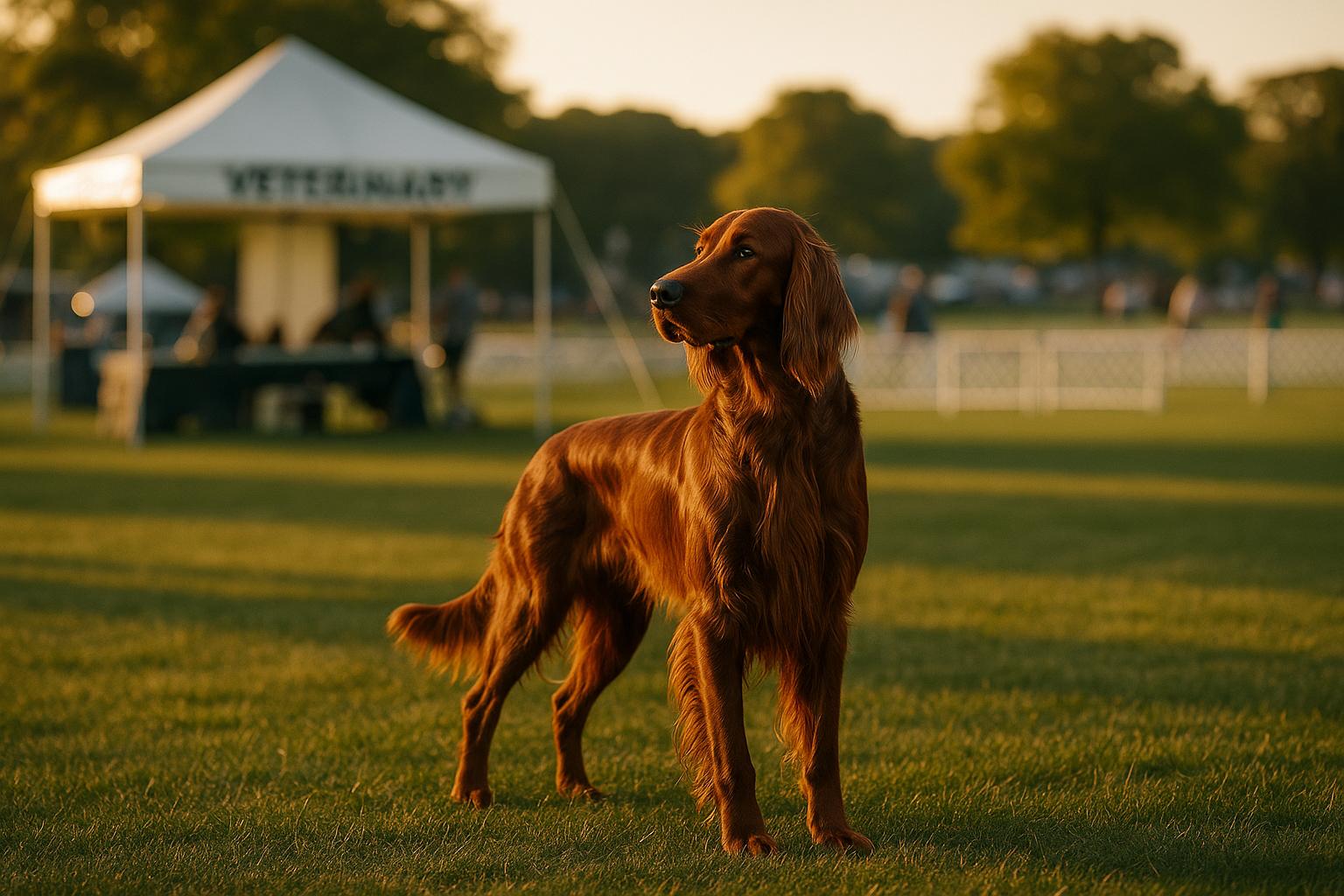 Irish Setter standing on grassy lawn with veterinary tent and show rings faintly visible in the background at Sampson State Park