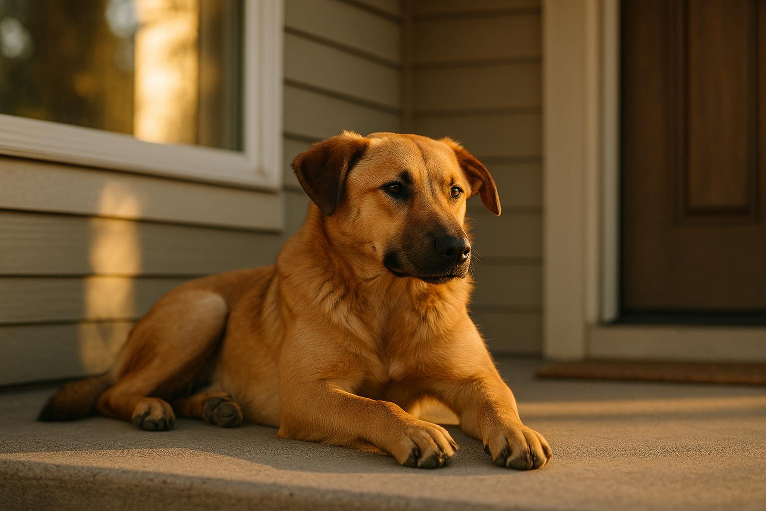 Coulee, a one-year-old dog, resting calmly on a Kennewick porch after a rescue