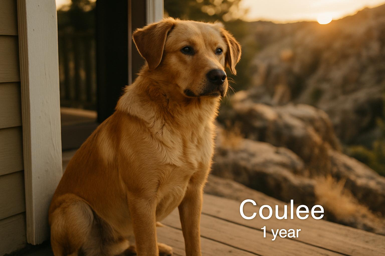 One-year-old dog Coulee sitting on a porch after being rescued, healthy and calm, golden hour light
