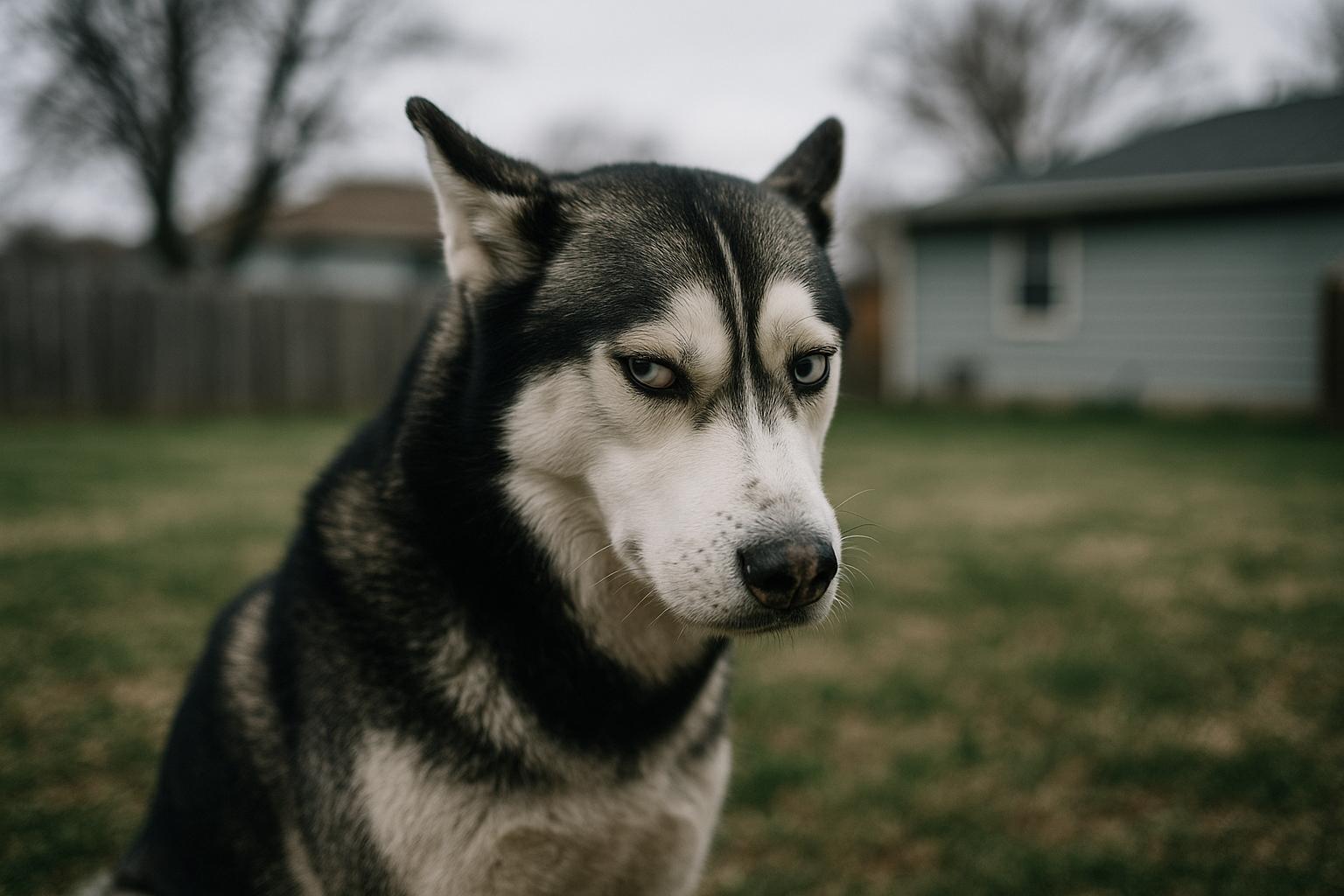 Siberian Husky giving a side-eye expression in a backyard