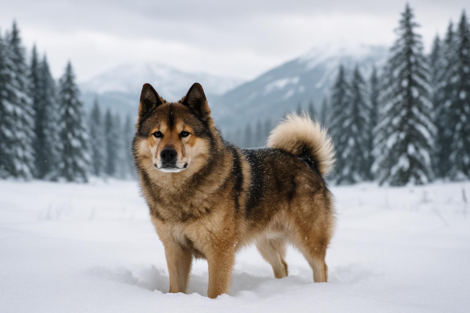 A thick double-coated northern spitz-type dog standing in fresh snow in a mountain meadow, with snow-dusted fur and pine trees in the background.