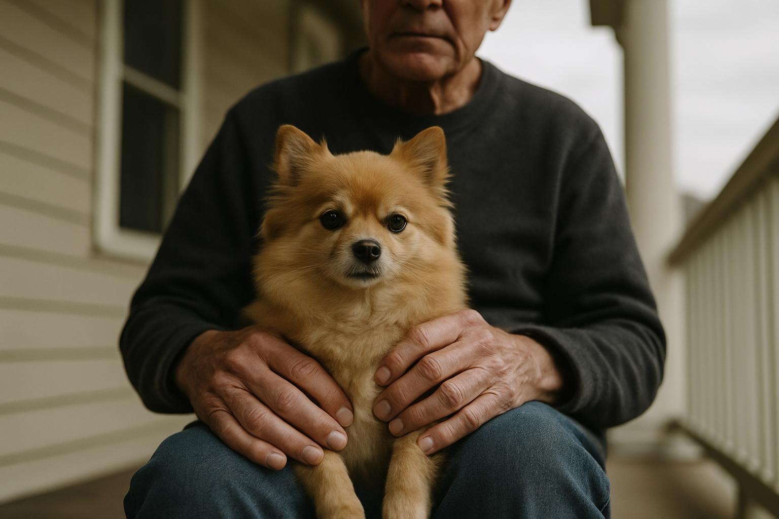 An older adult sitting on a porch with a small Pomeranian-like dog on their lap, hands resting gently on the dog