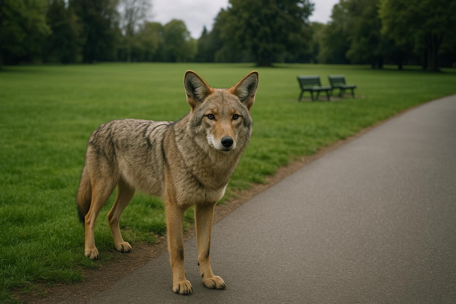 Coyote standing near a path in Volunteer Park, Seattle, in soft overcast light