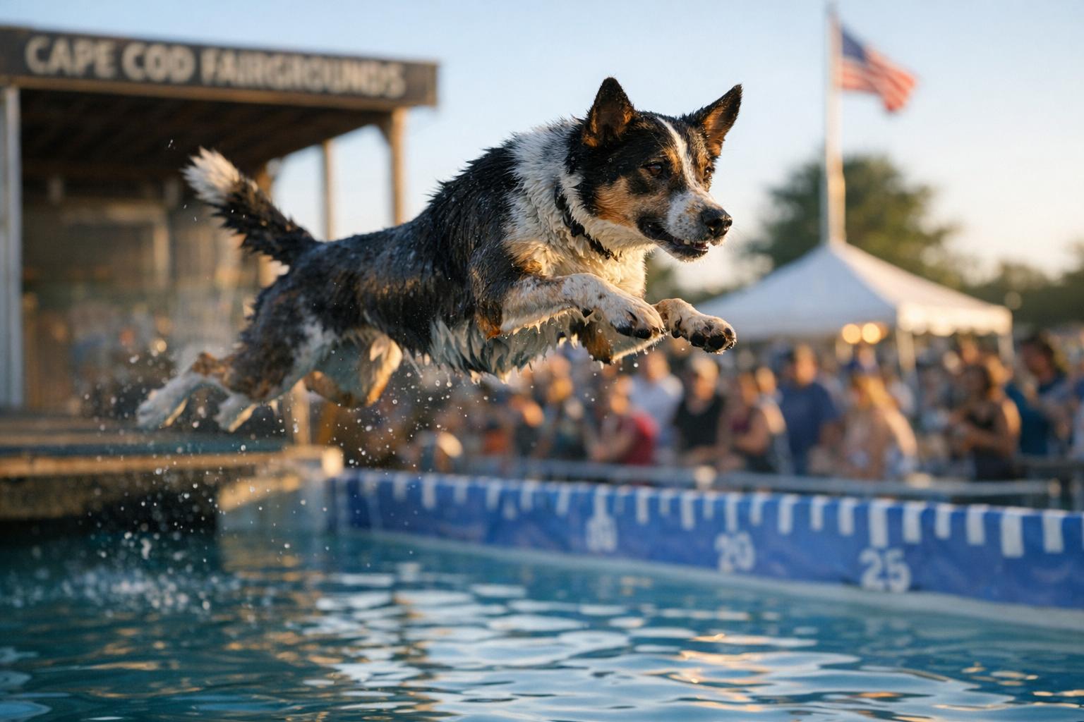 An athletic medium-sized dog mid-leap from a dock into a pool during a dock-diving competition at the Cape Cod Fairgrounds.