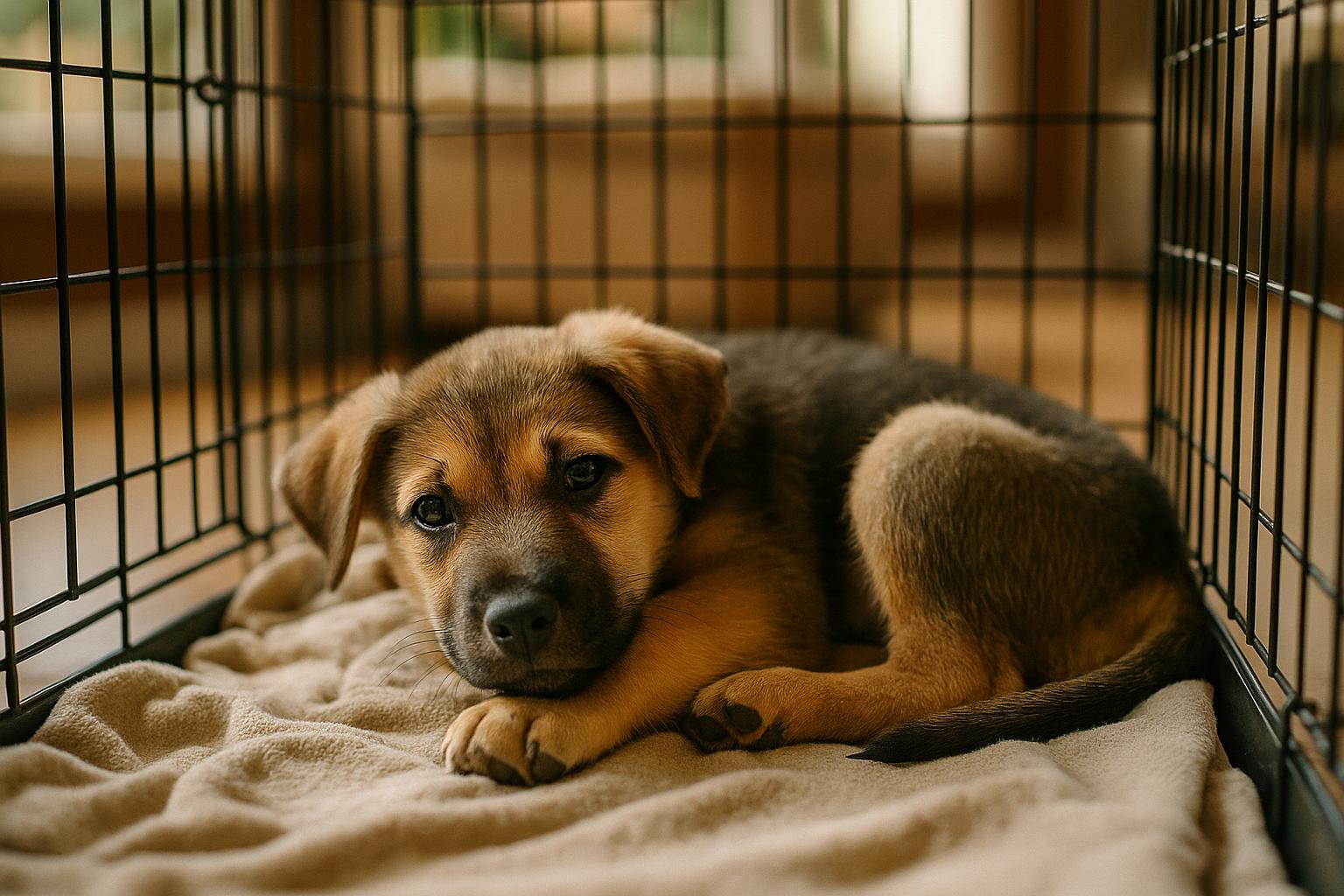 A mixed-breed puppy curled on a soft blanket inside a crate placed in a family room.