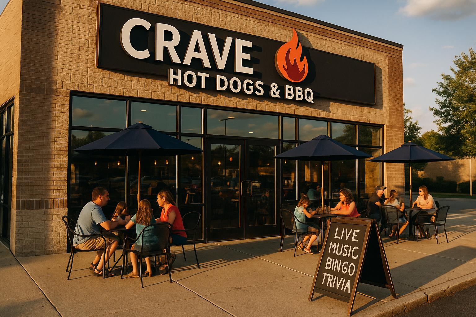 Exterior of Crave Hot Dogs & BBQ restaurant storefront with outdoor seating and a sign promoting live events
