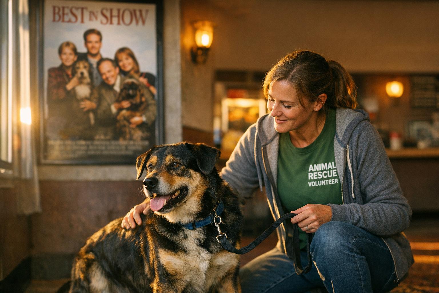 Volunteer from an animal shelter with a leashed mixed-breed dog in the Crescent Theater lobby beside a Best in Show poster
