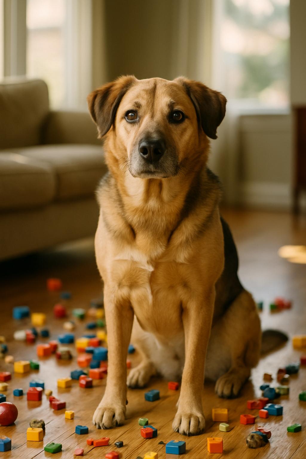 A medium-sized pet dog sitting attentively among toys in a sunlit room, demonstrating focus