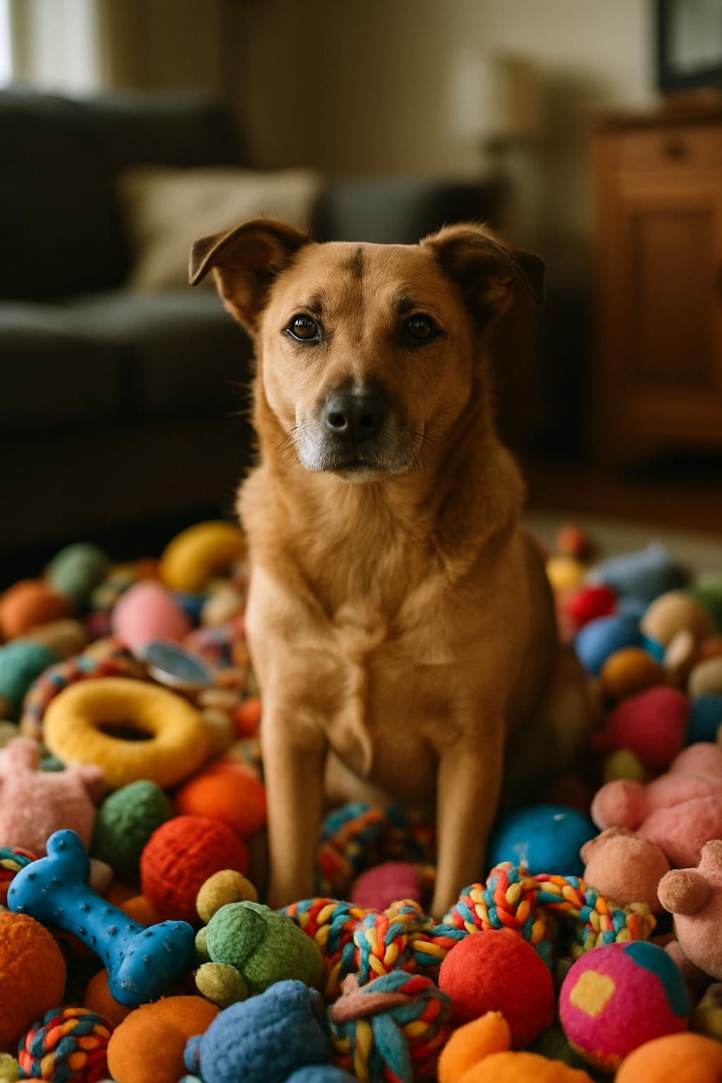 A pet dog surrounded by many colorful toys on a living room floor, photorealistic image.