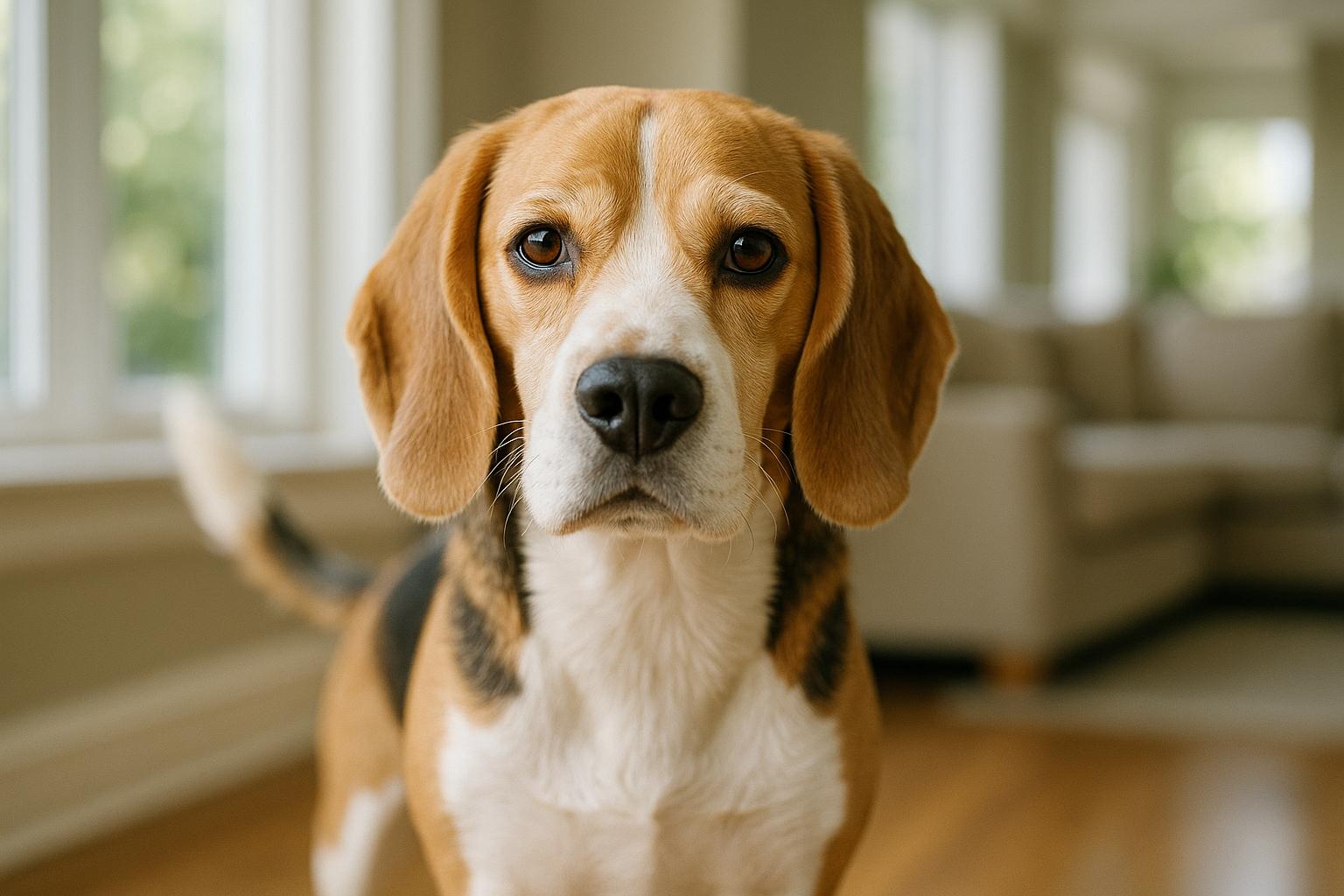 Close-up portrait of a Beagle in a sunlit living room, showing realistic fur and a wet nose