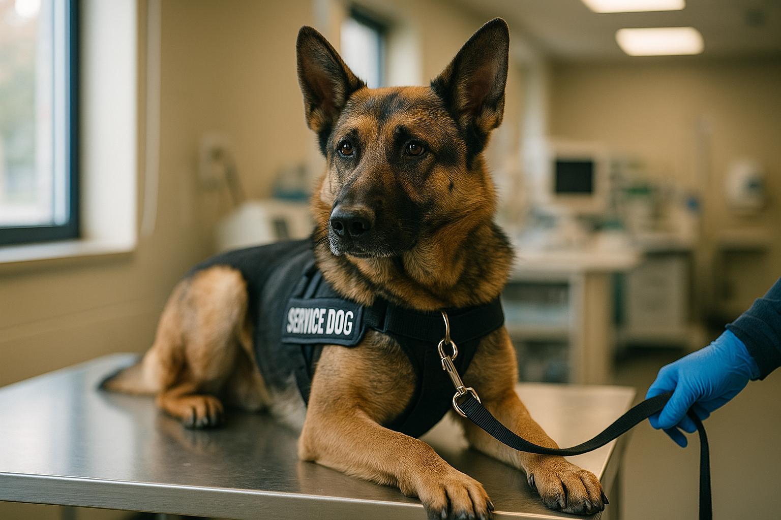 A service dog (police/search-and-rescue canine) on an exam table in a veterinary clinic setting