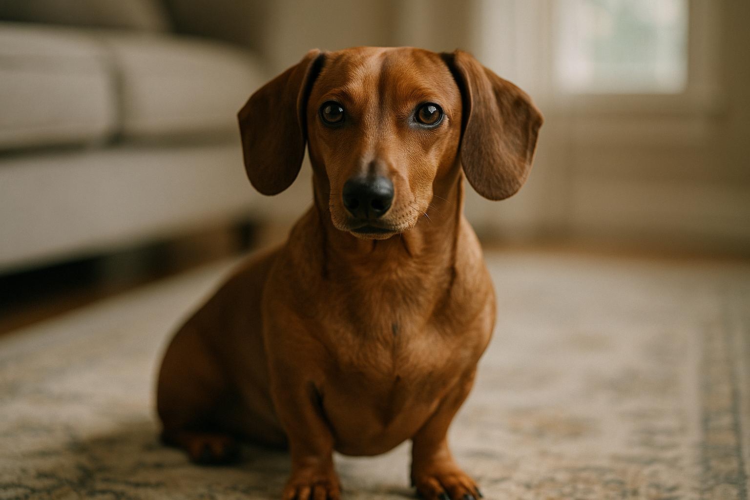 Smooth-haired Dachshund sitting alert on a rug in soft natural light