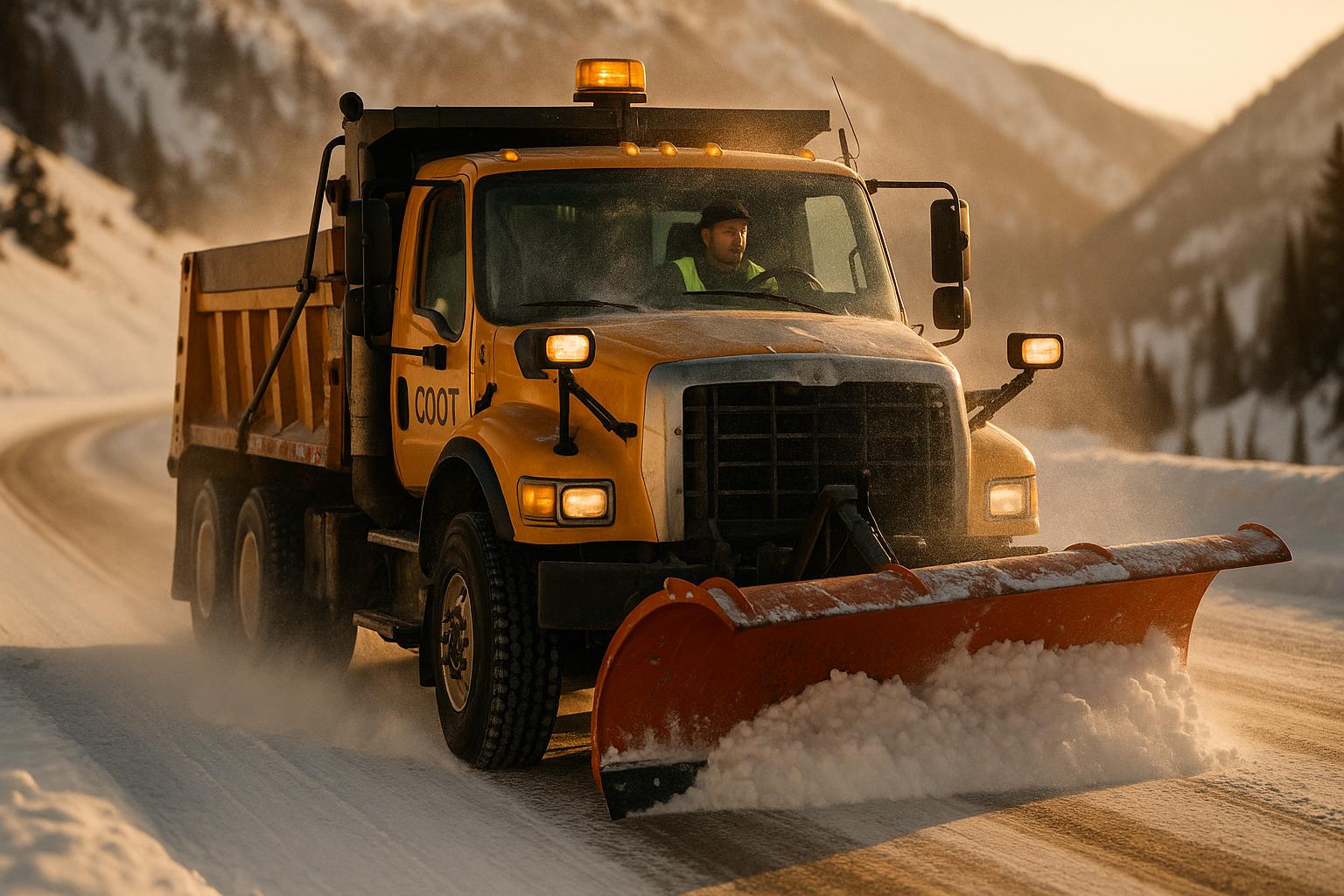 CDOT snowplow clearing snow on U.S. Highway 550 near Red Mountain Pass at golden hour